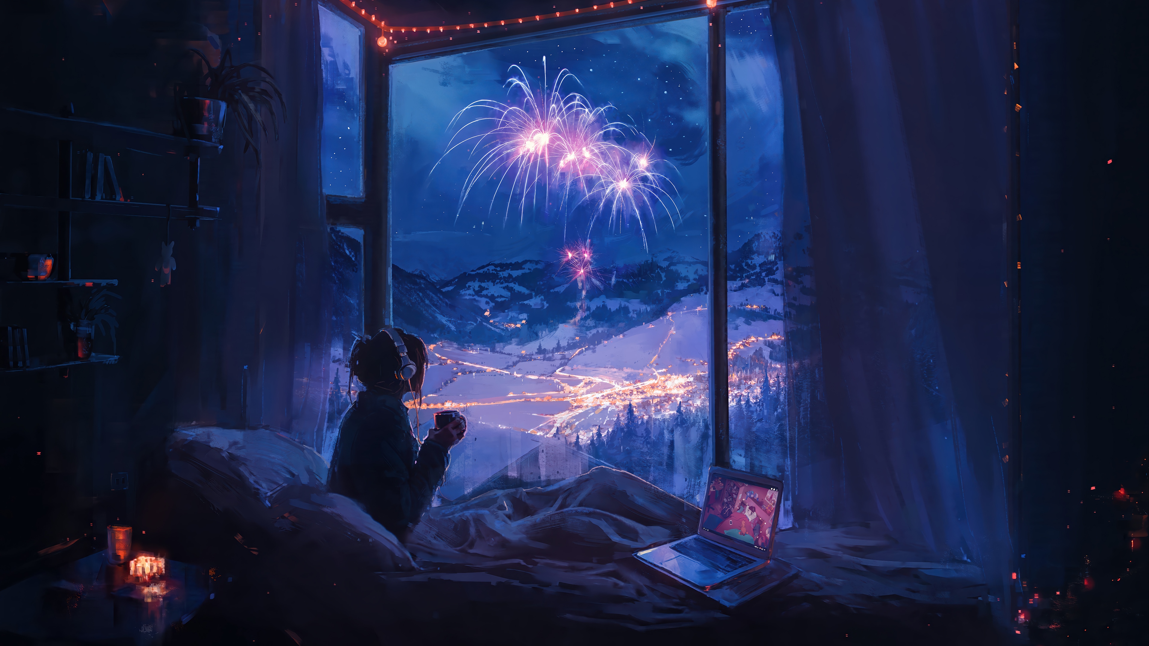 Girl Watching Fireworks at Night 4K HD Wallpaper