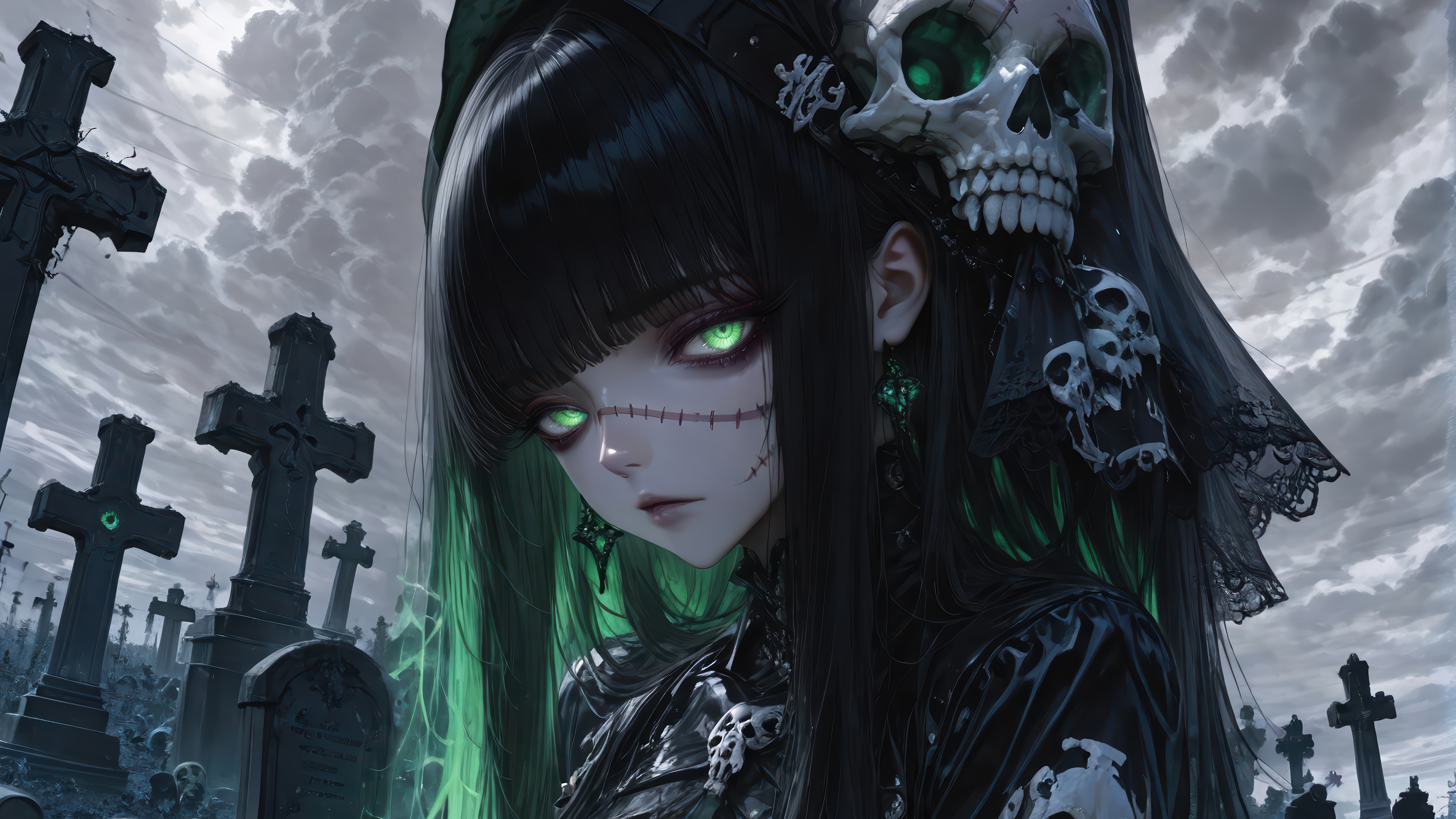 Anime Girl with Skull in Graveyard 4K HD Wallpaper
