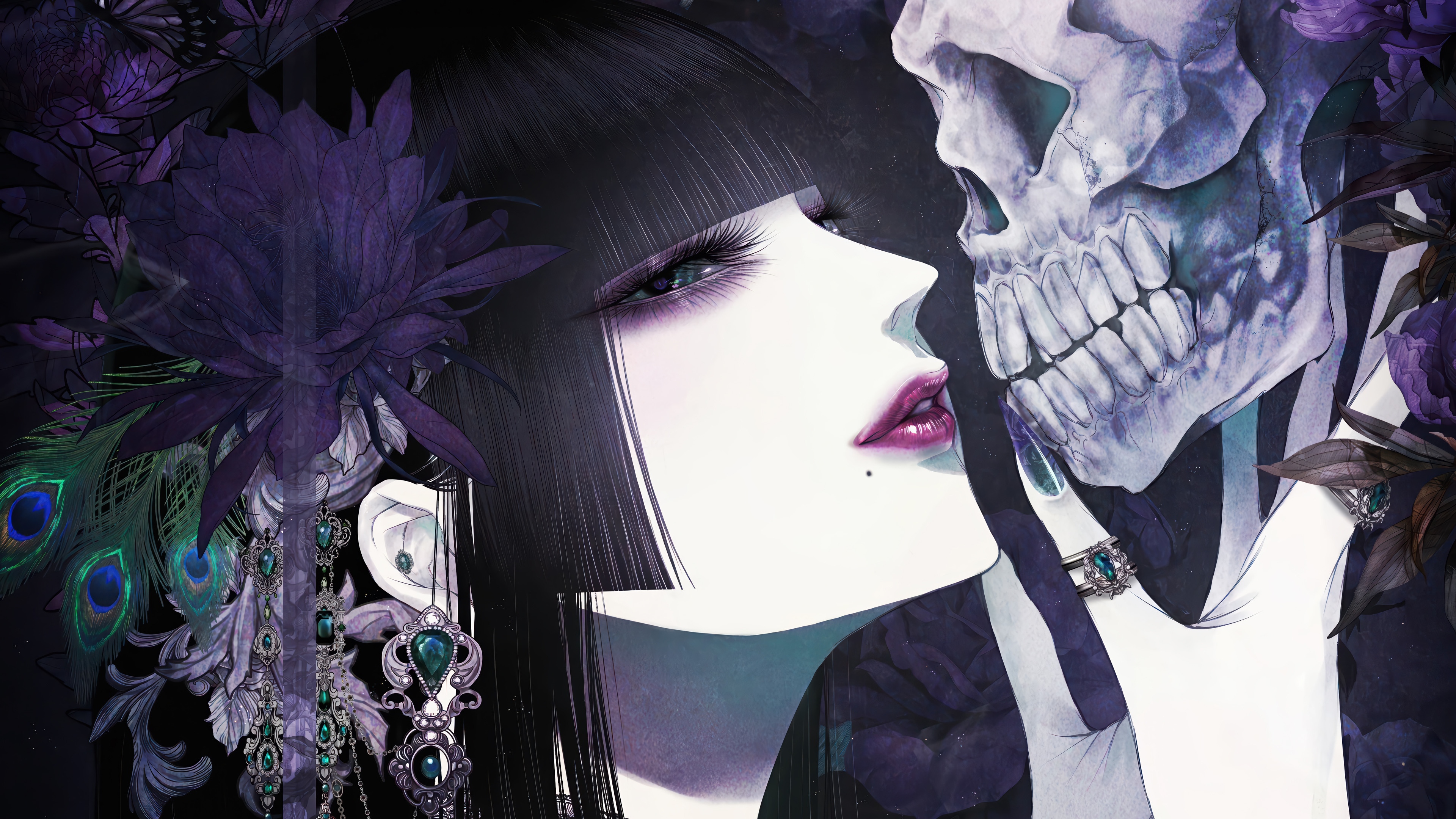 Anime Girl and Skull with Purple Flowers 4K HD Wallpaper