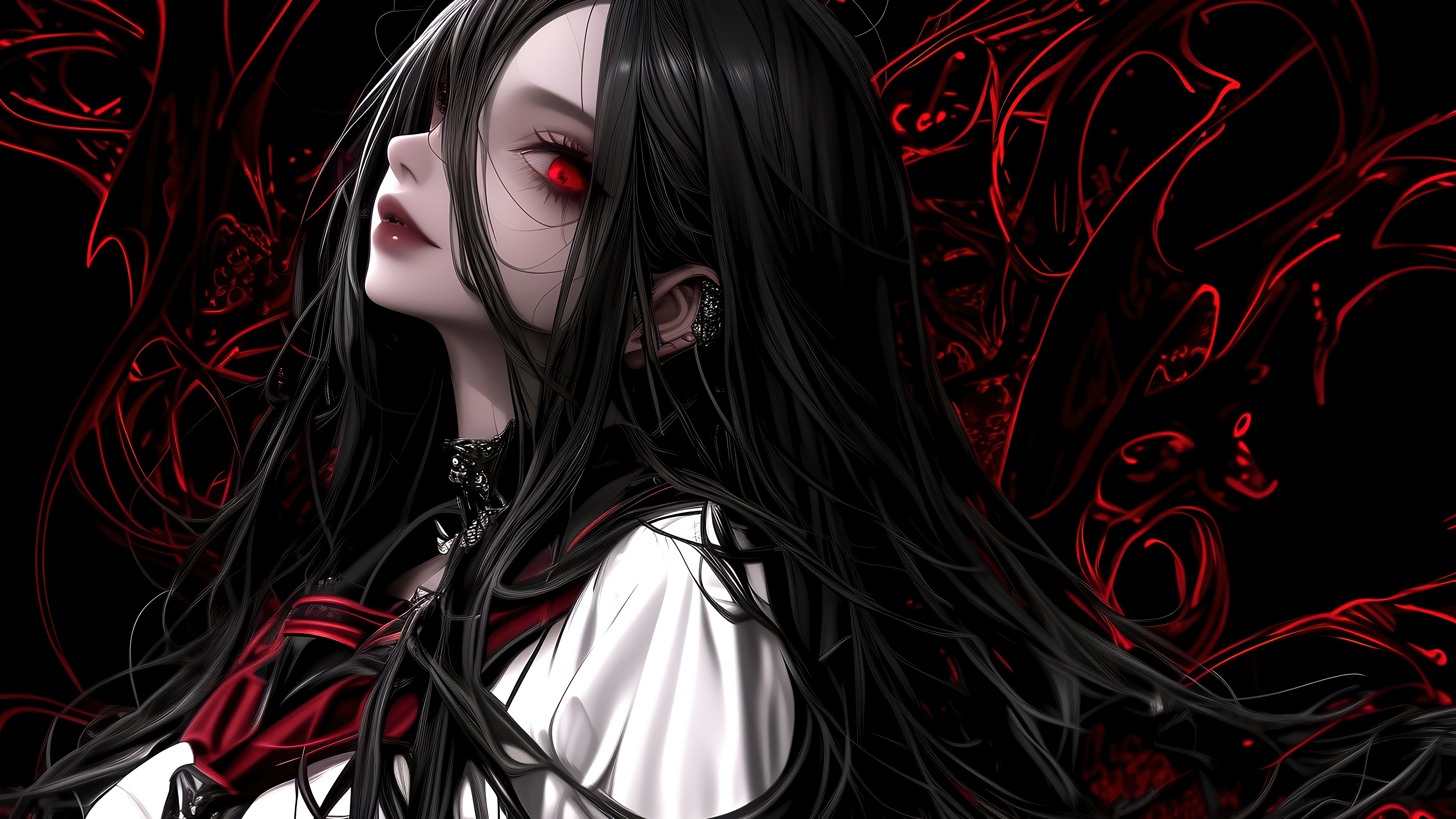 Anime Girl with Red Eyes and Black Hair 4K HD Wallpaper