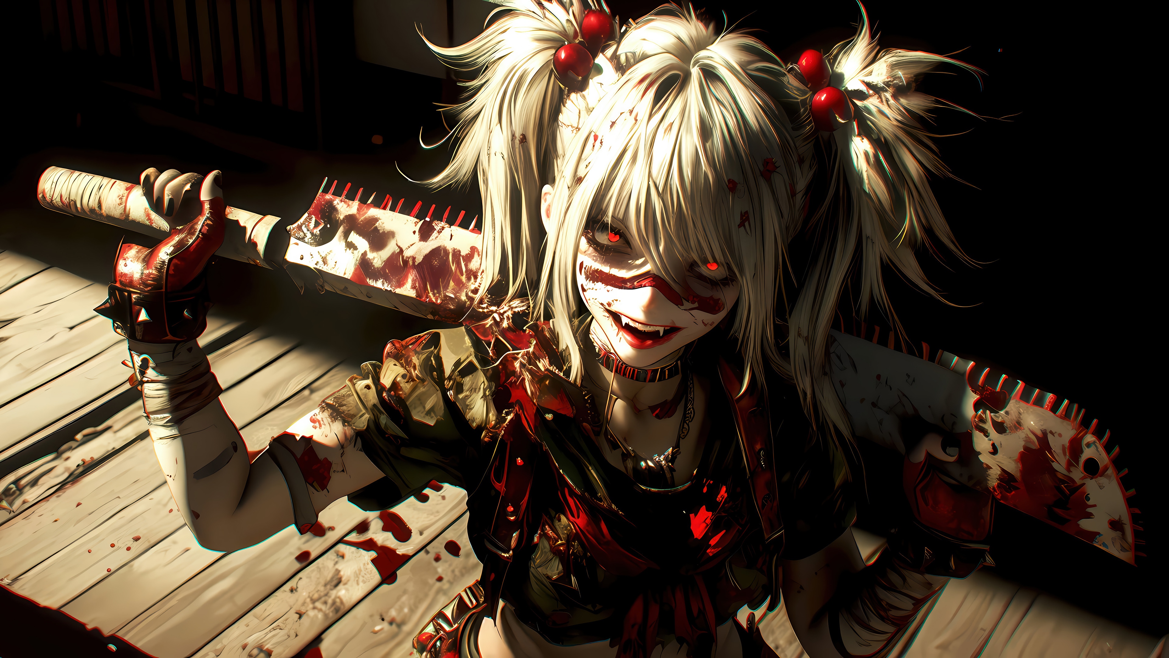 Anime Girl with Red Eyes and Chainsaw 4K HD Wallpaper