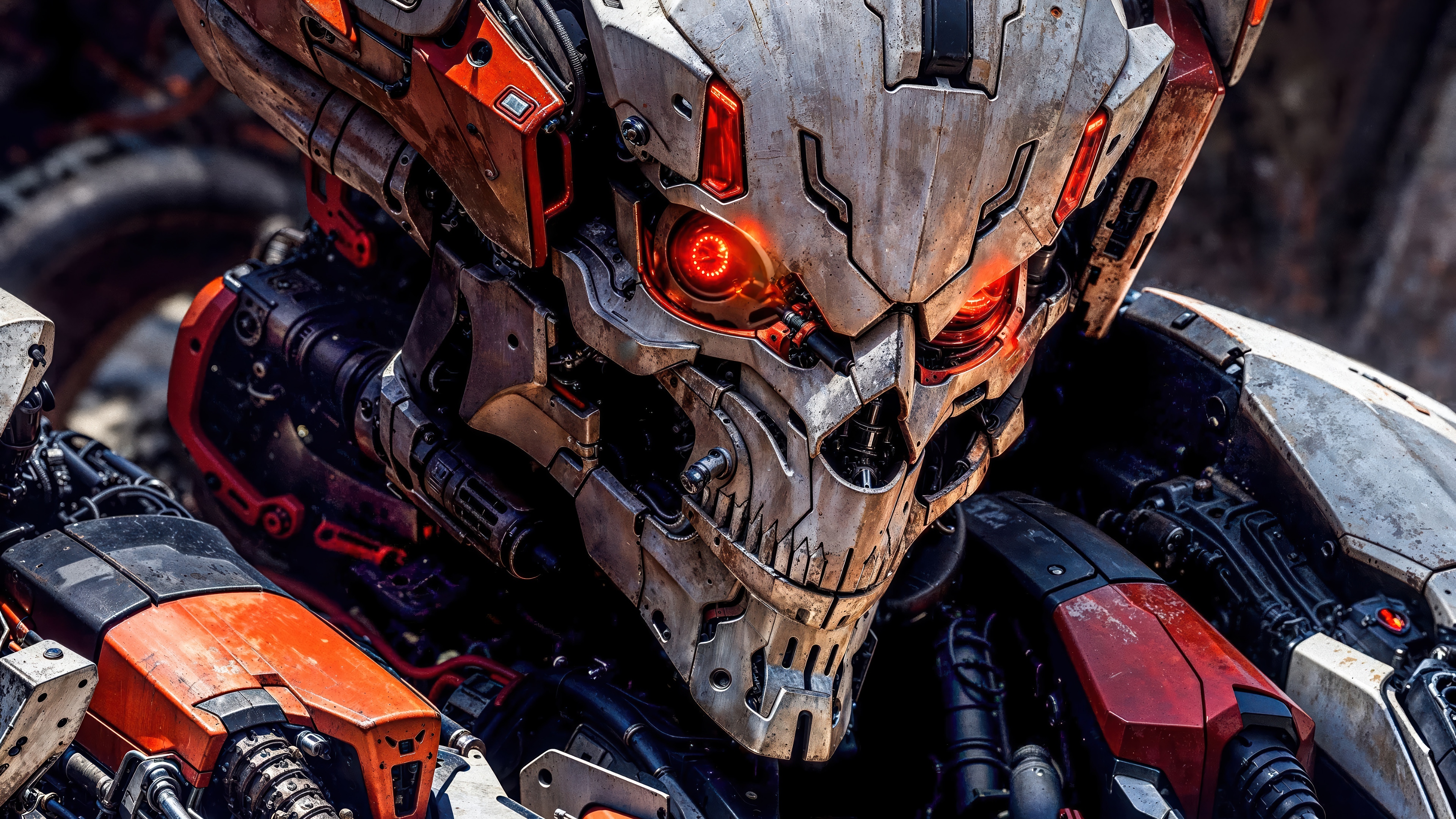 Mecha Robot with Skull Face and Glowing Red Eyes 4K HD Wallpaper
