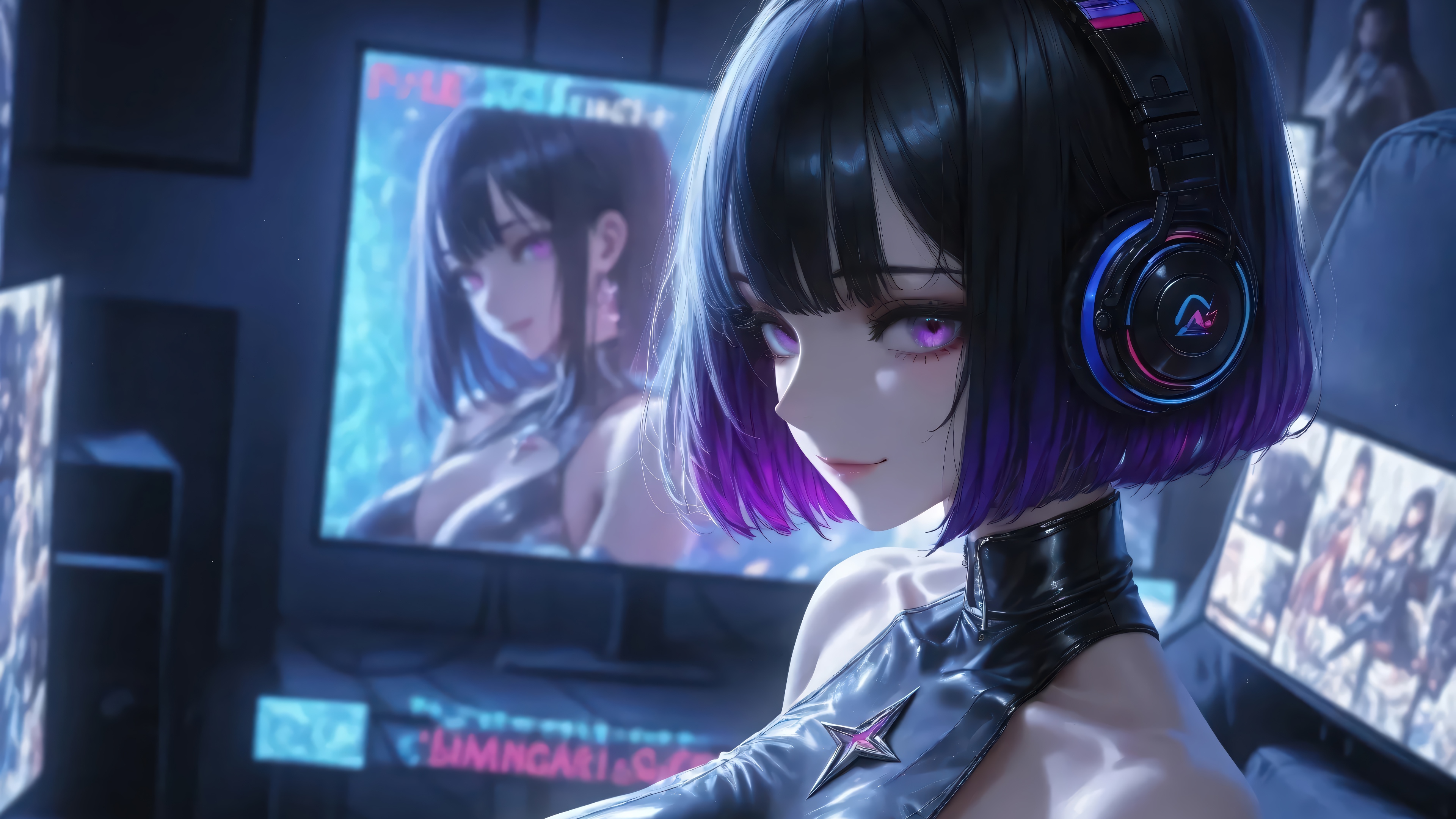 Anime Girl with Headphones and Purple Hair in 4K HD Wallpaper