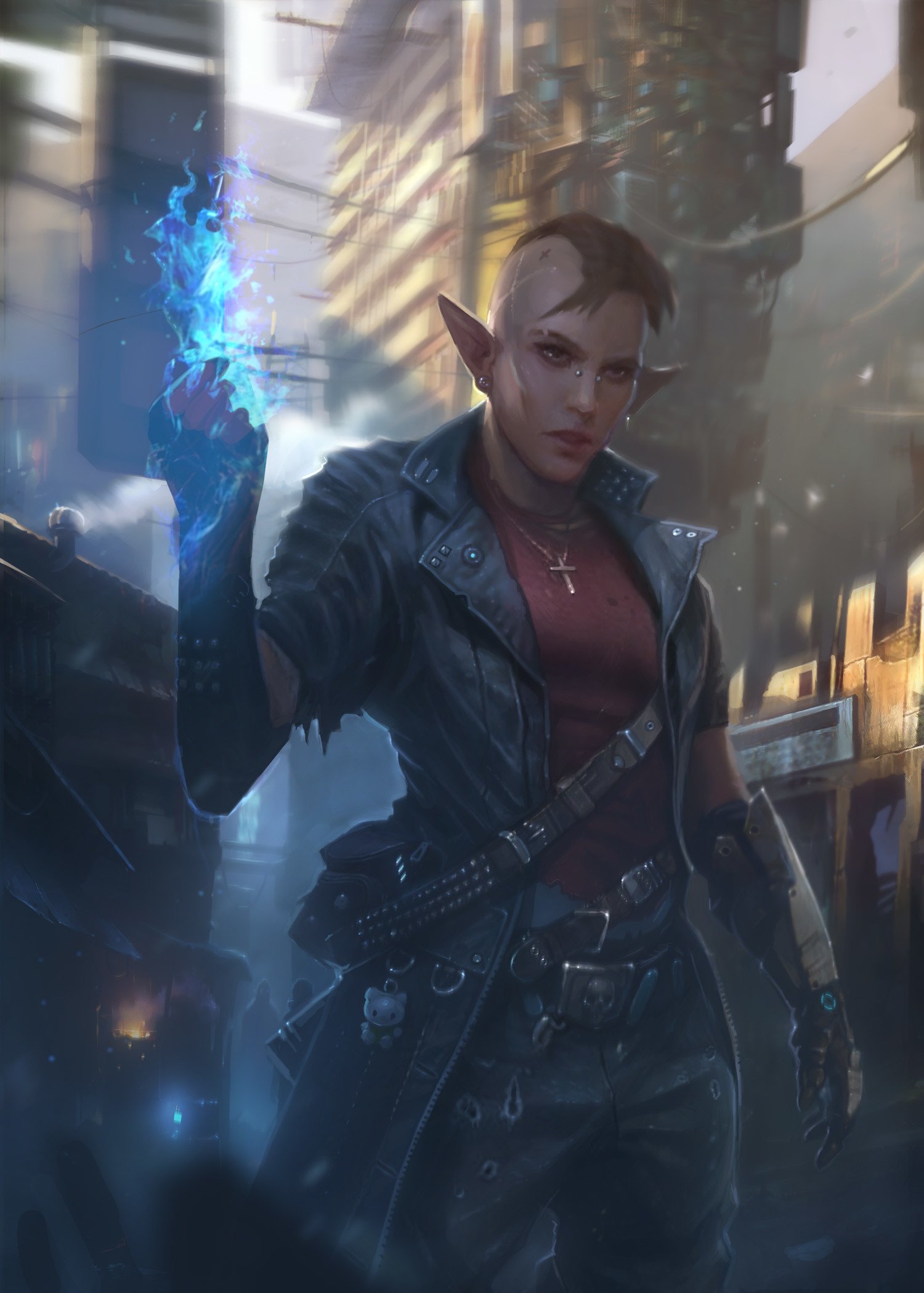 Elf casting blue magic in a cyberpunk city HD Wallpaper