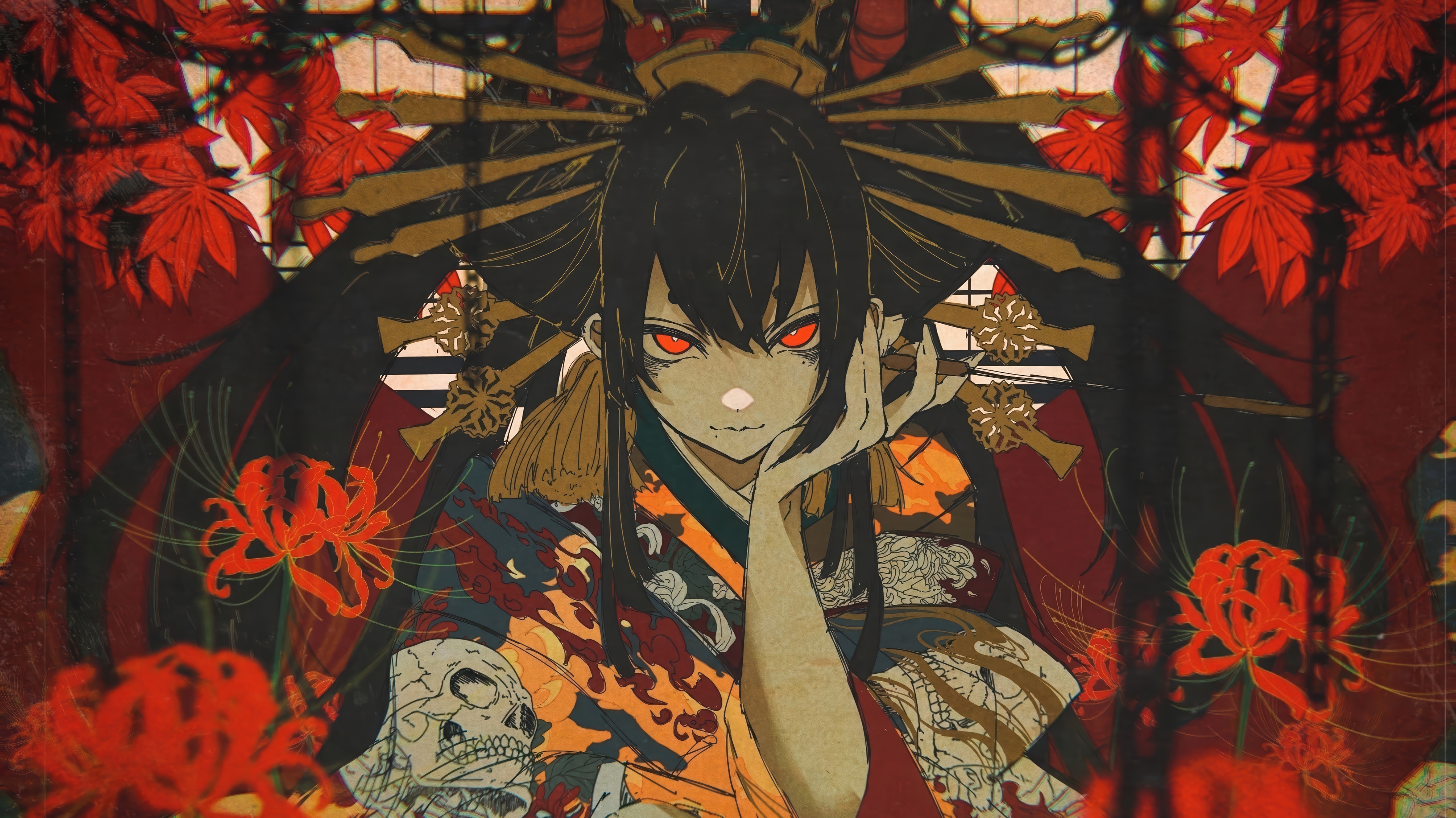 Anime Girl with Red Eyes in Kimono 4K HD Wallpaper