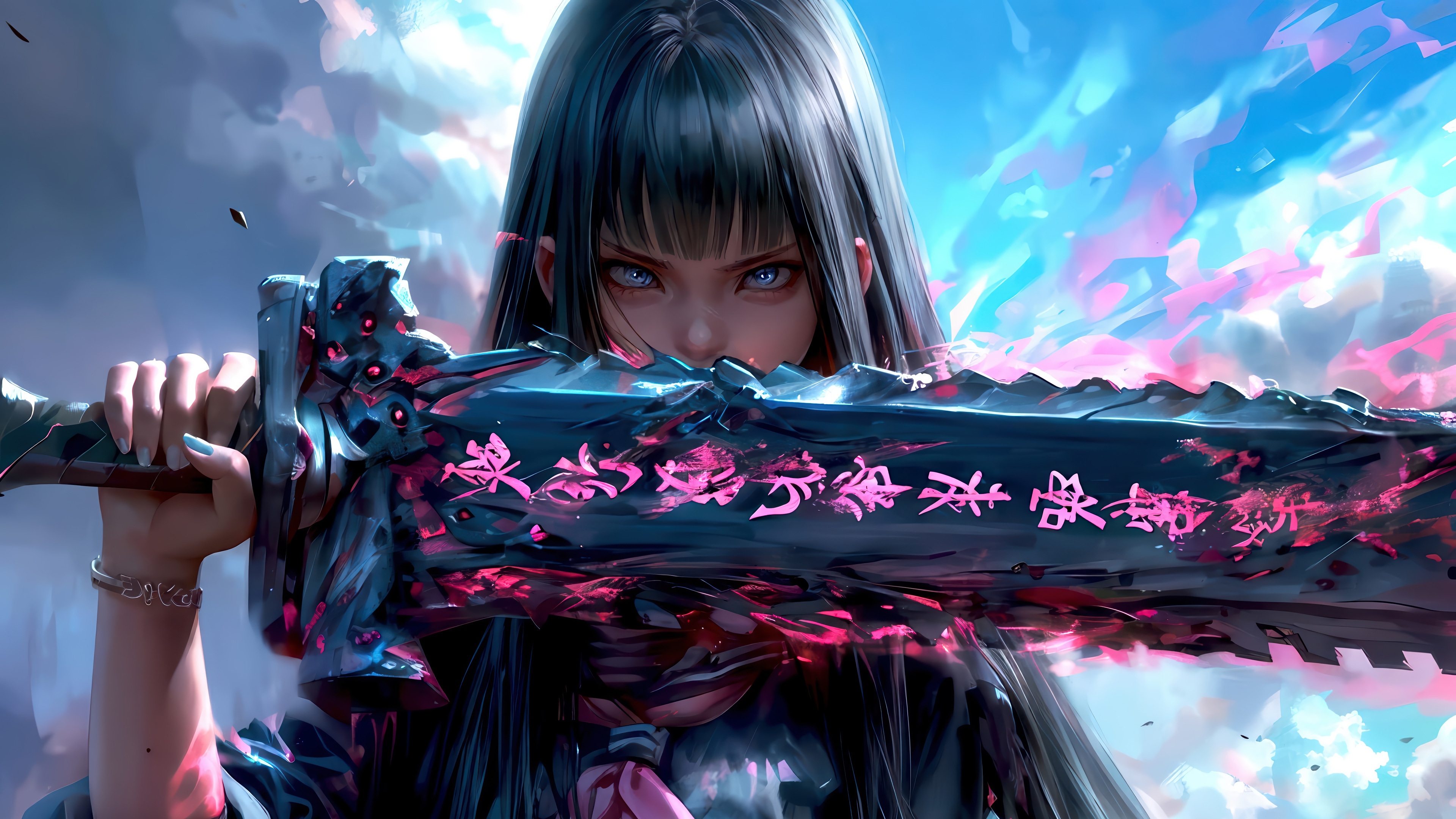 Anime Girl Holding a Large Sword HD Wallpaper