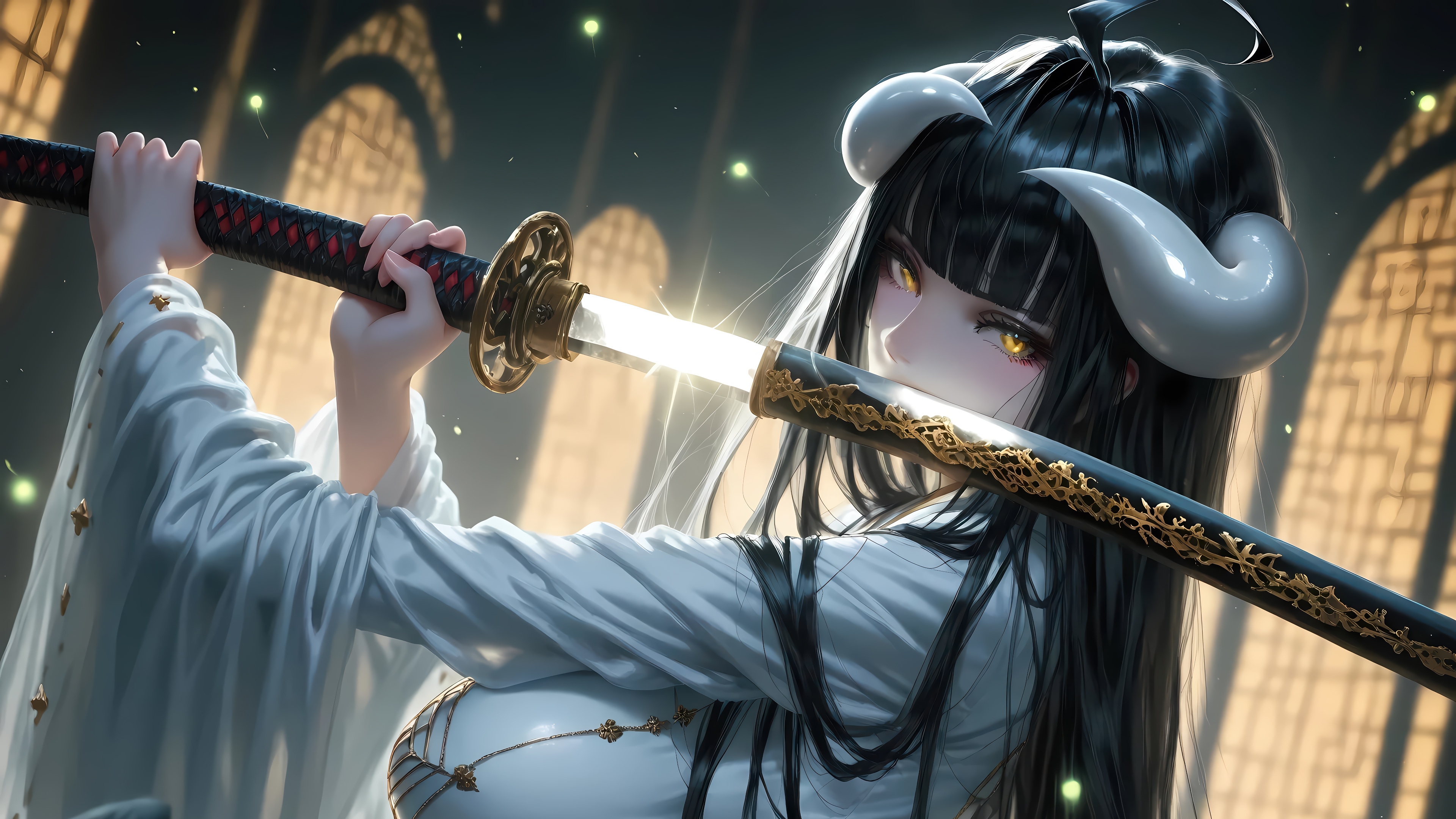 Anime Girl with Horns and Katana HD Wallpaper