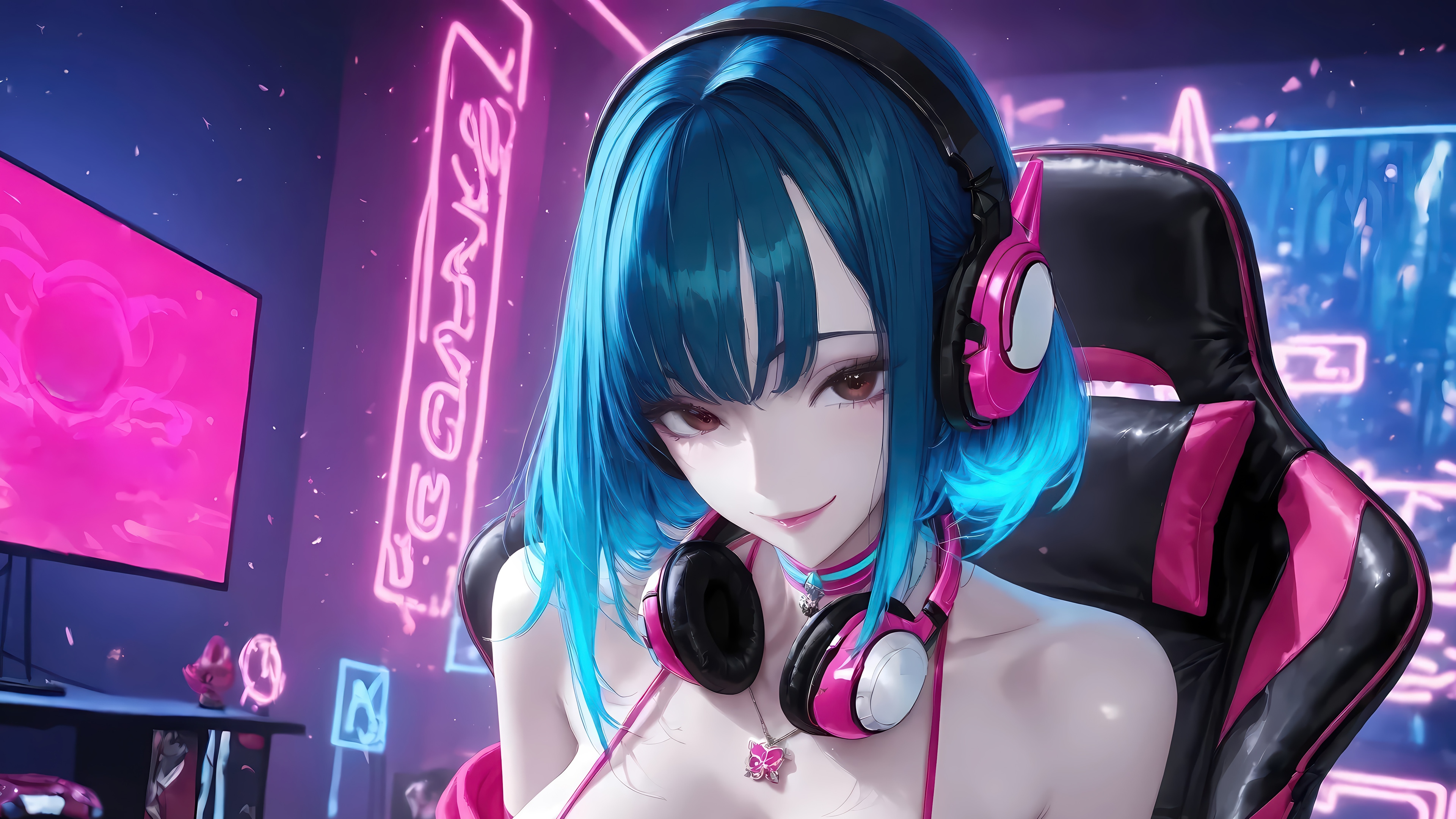 Anime Streamer Girl with Blue Hair and Headphones HD Wallpaper