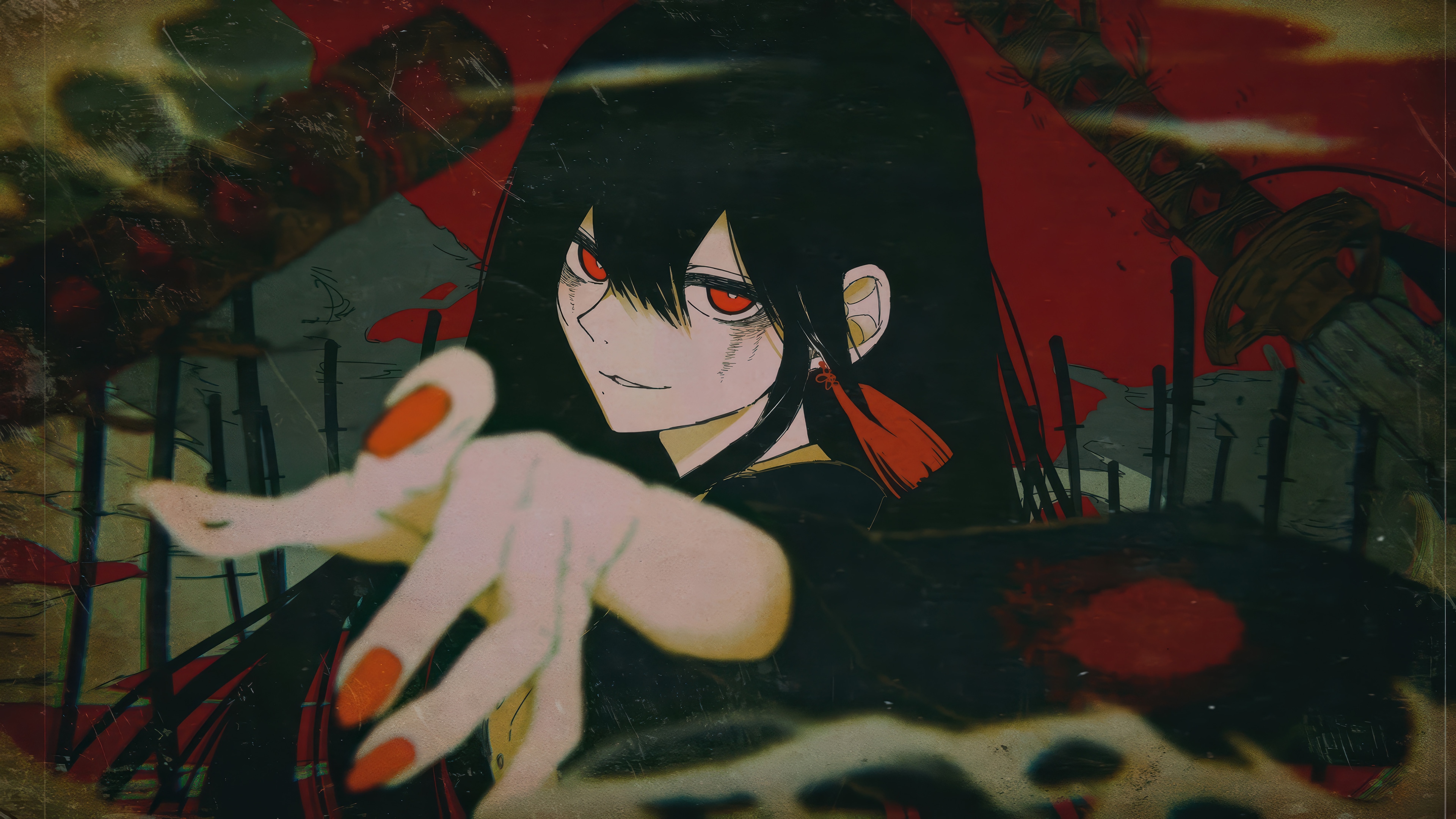 Anime Girl with Red Eyes and Black Hair HD Wallpaper