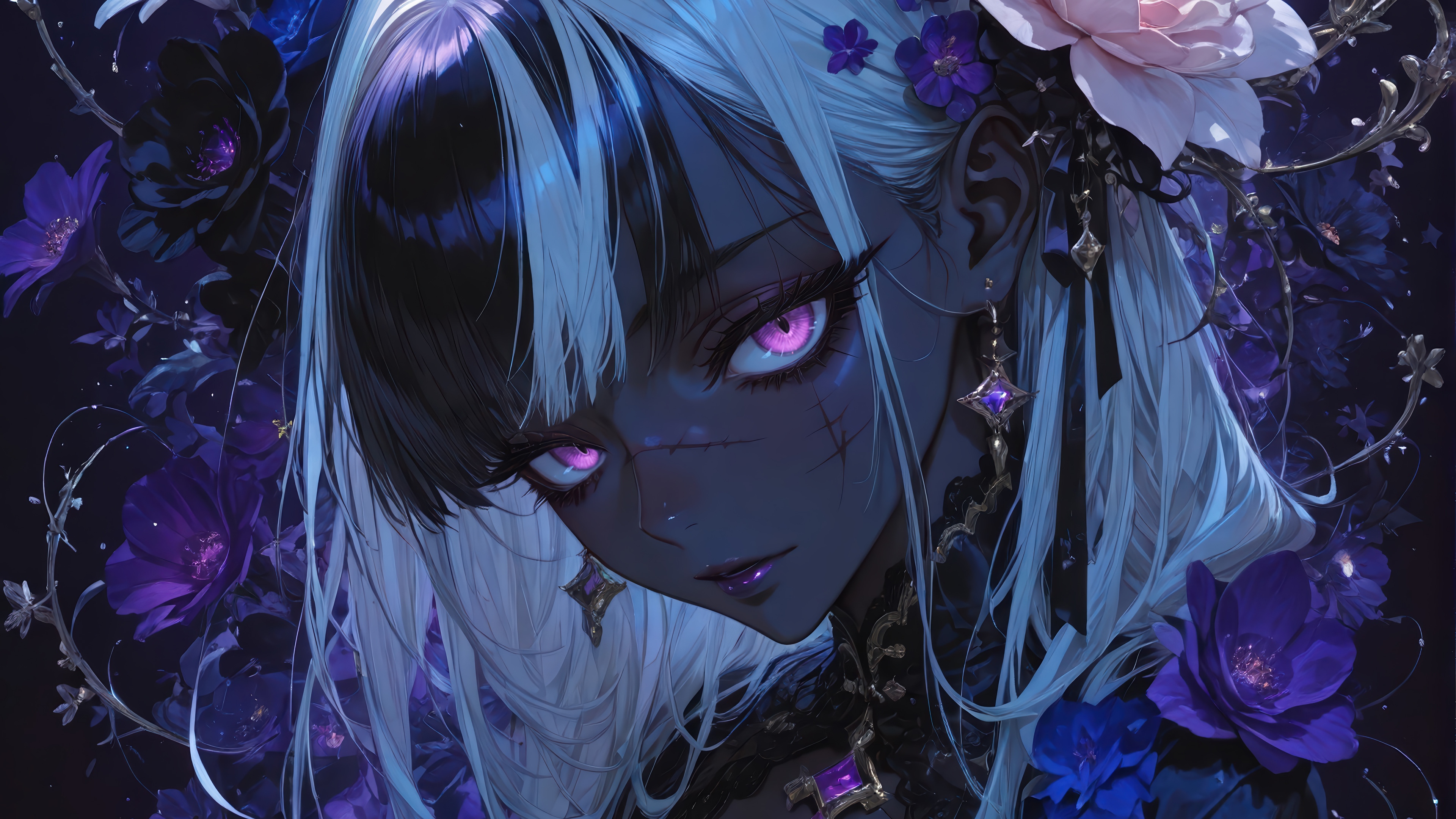 Anime Girl with Purple Flowers 4K HD Wallpaper