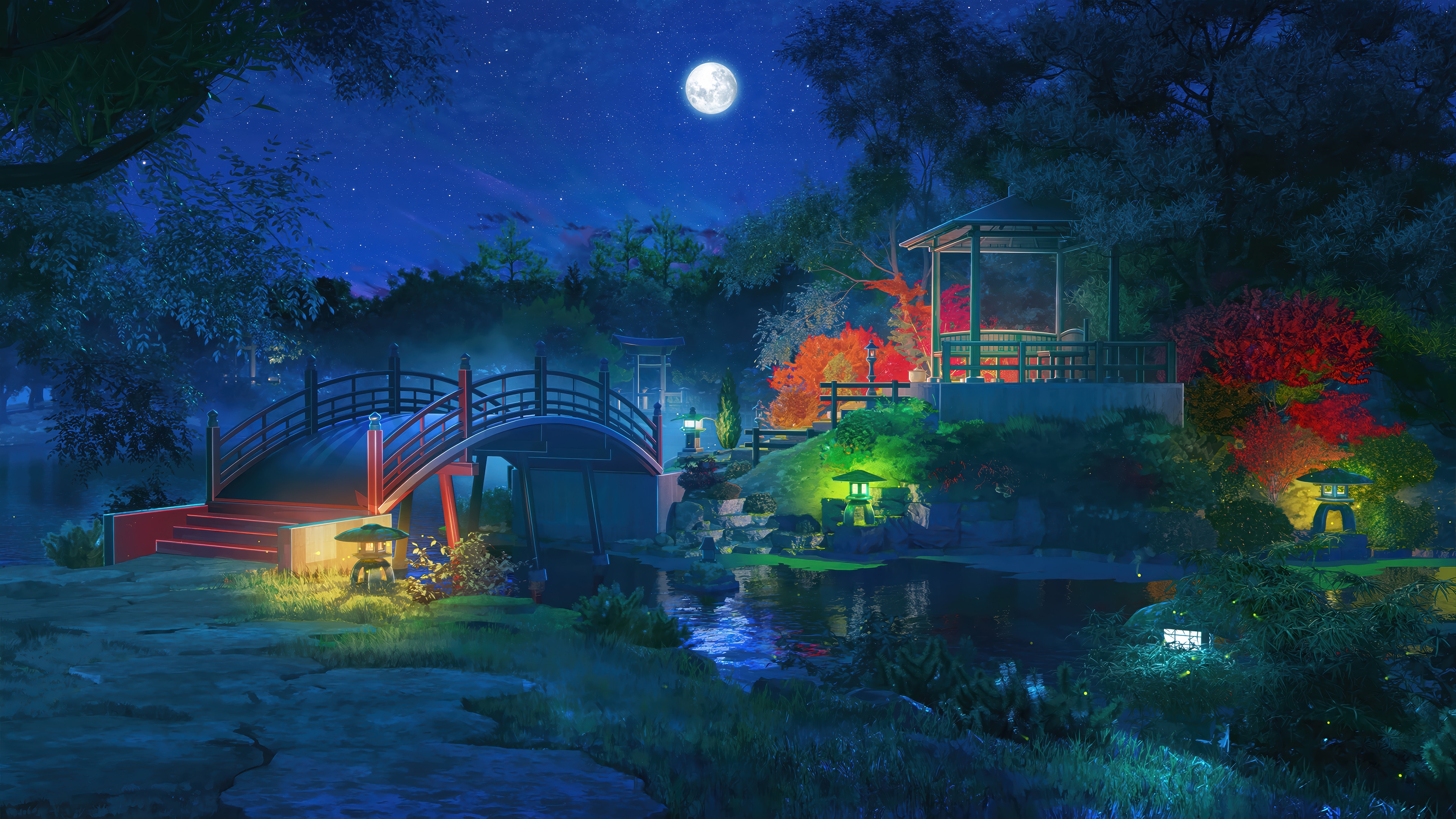 Japanese Garden at Night with Moon HD Wallpaper
