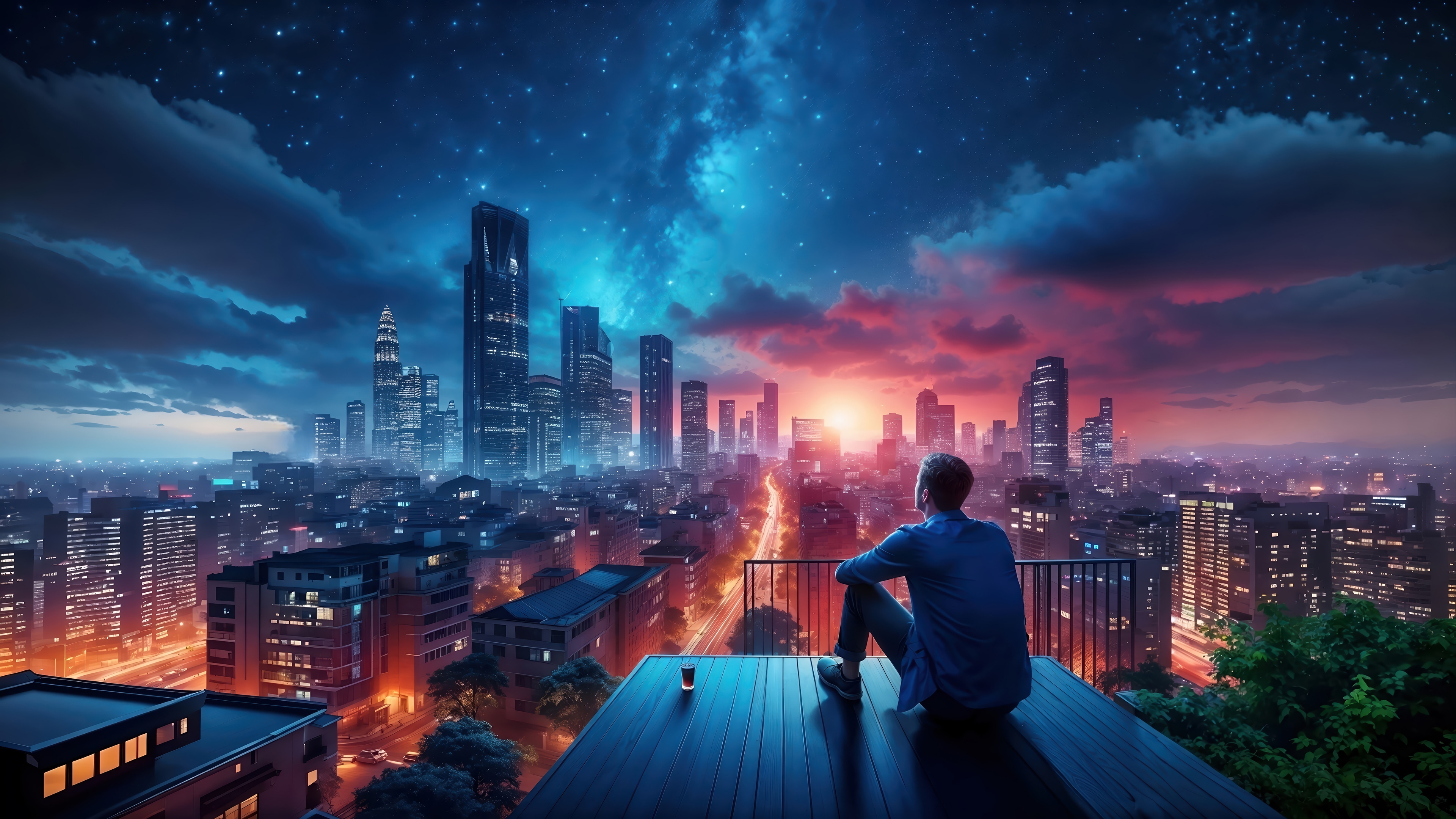Man Stargazing Over Cityscape at Night 4K HD Wallpaper