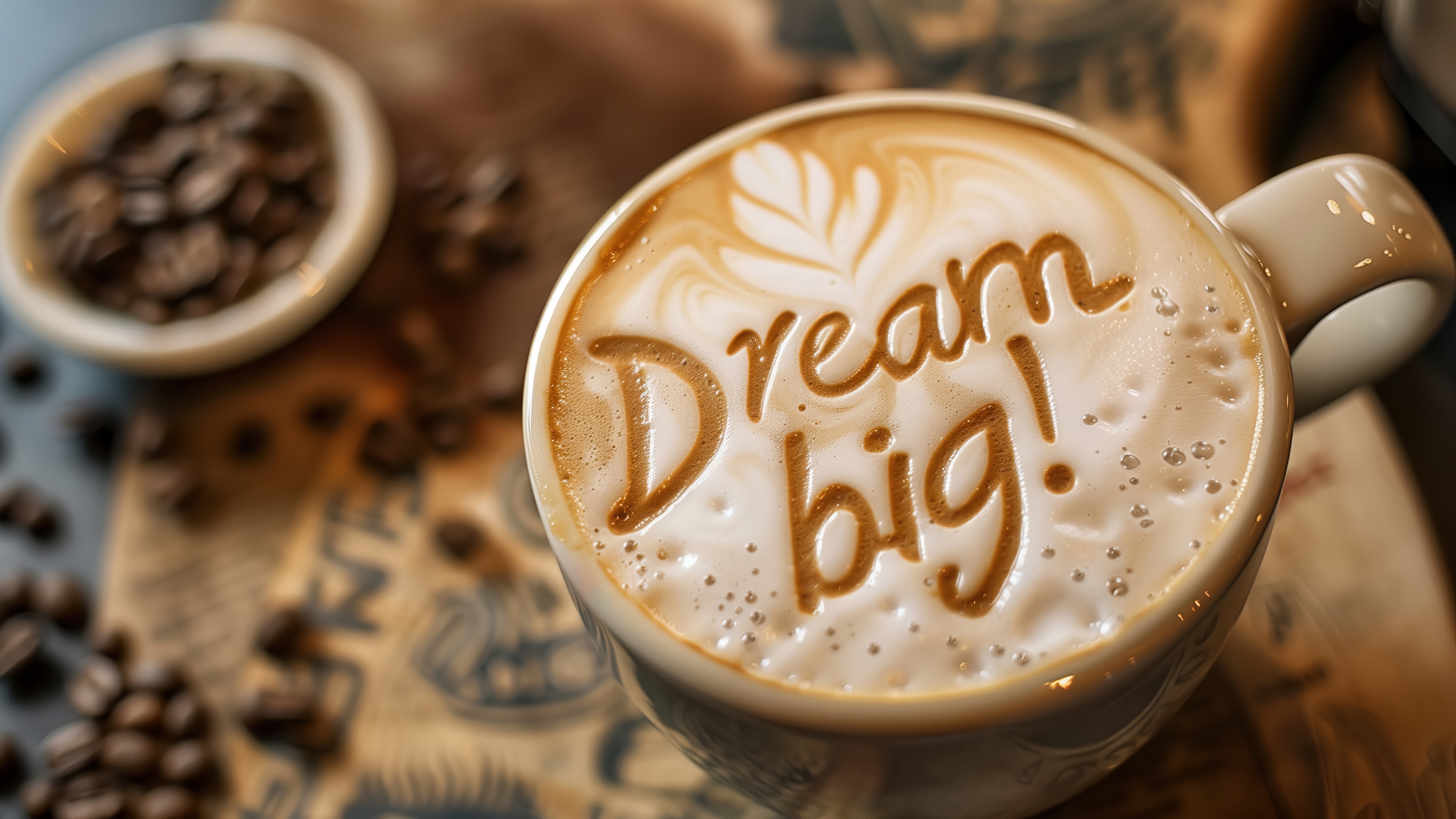 Coffee with "Dream Big!" Latte Art 4K HD Wallpaper