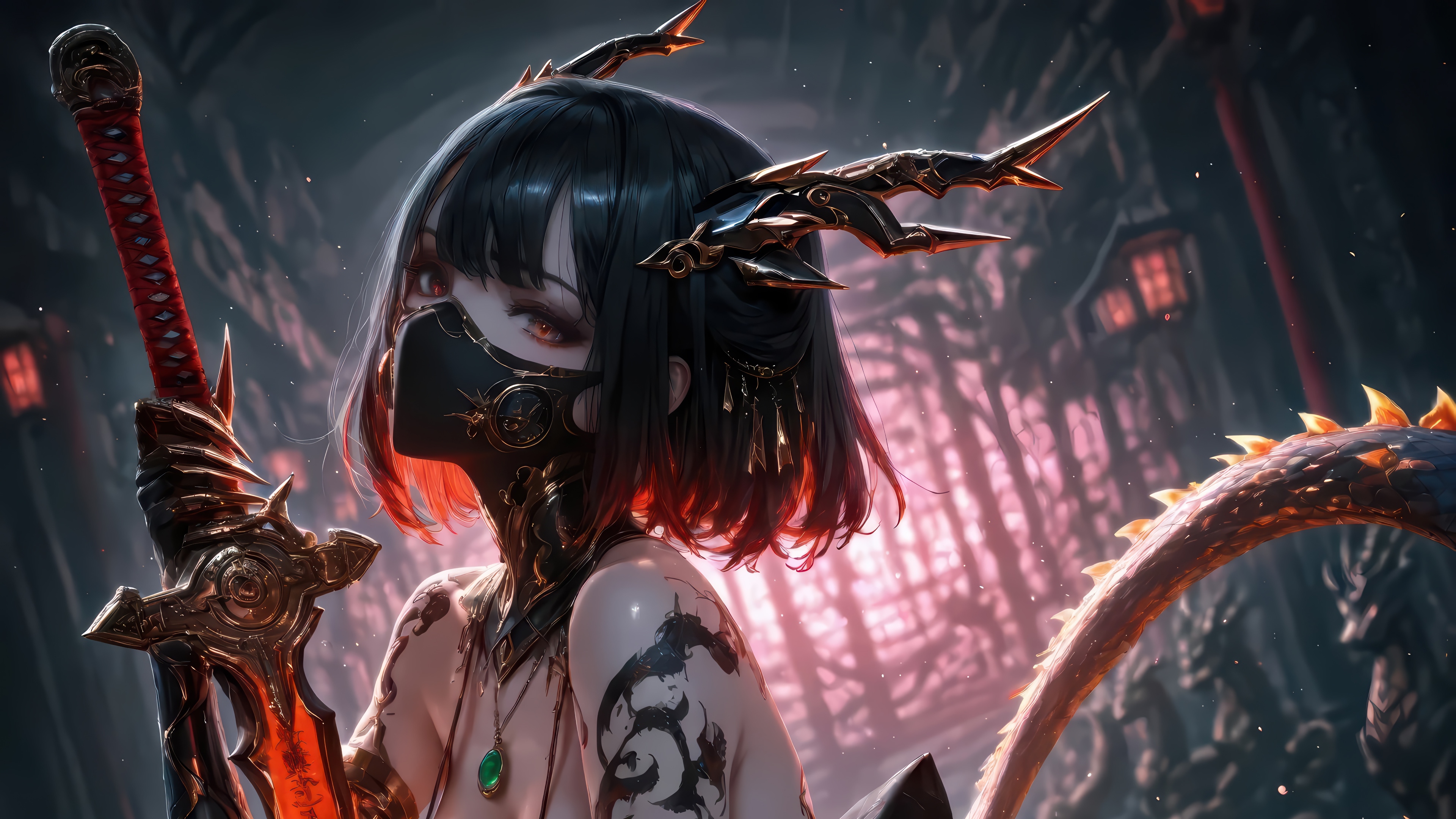 Anime Girl with Sword and Dragon Tail 4K HD Wallpaper