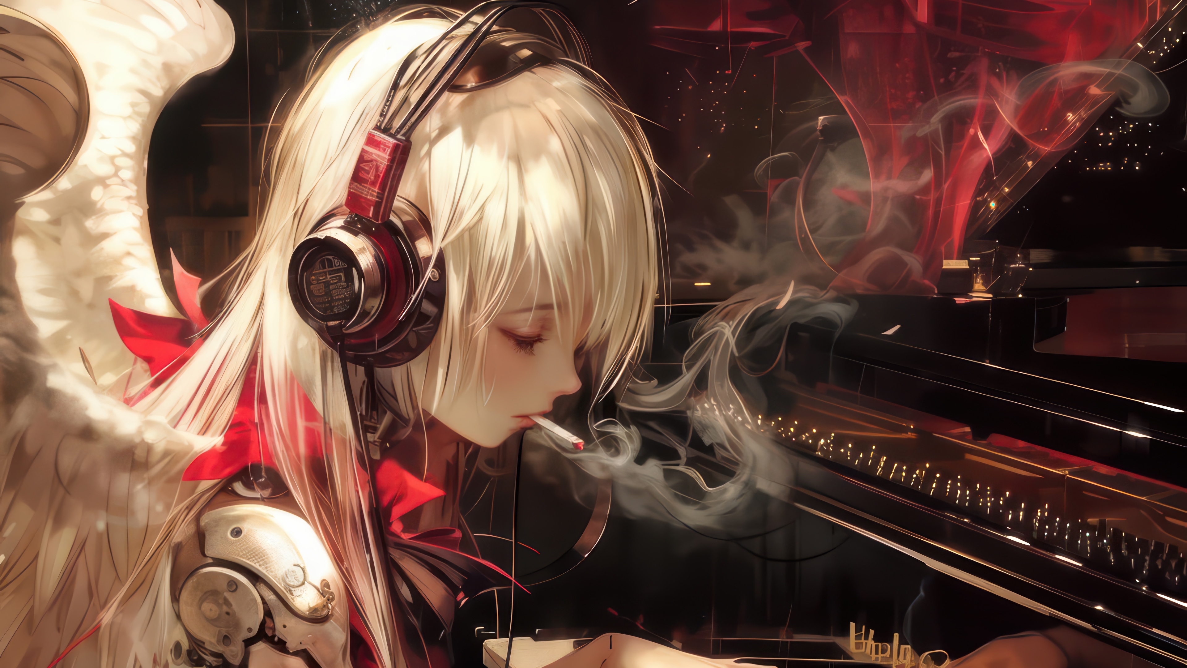 Anime Angel Girl Smoking by a Piano 4K HD Wallpaper