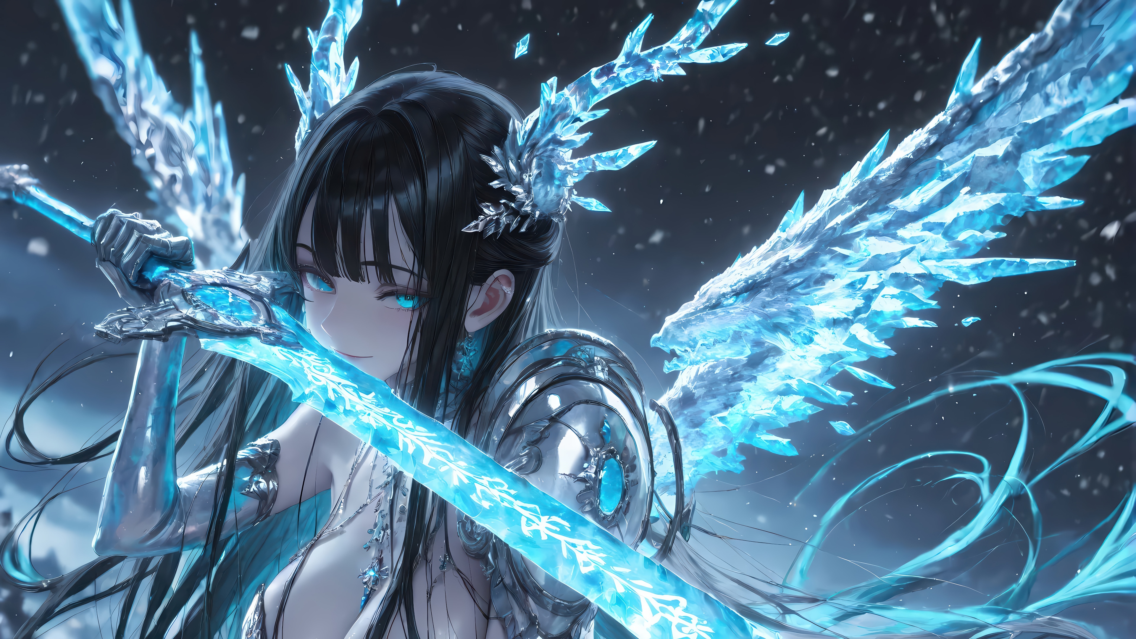 Anime Girl with Ice Wings and Sword 4K HD Wallpaper