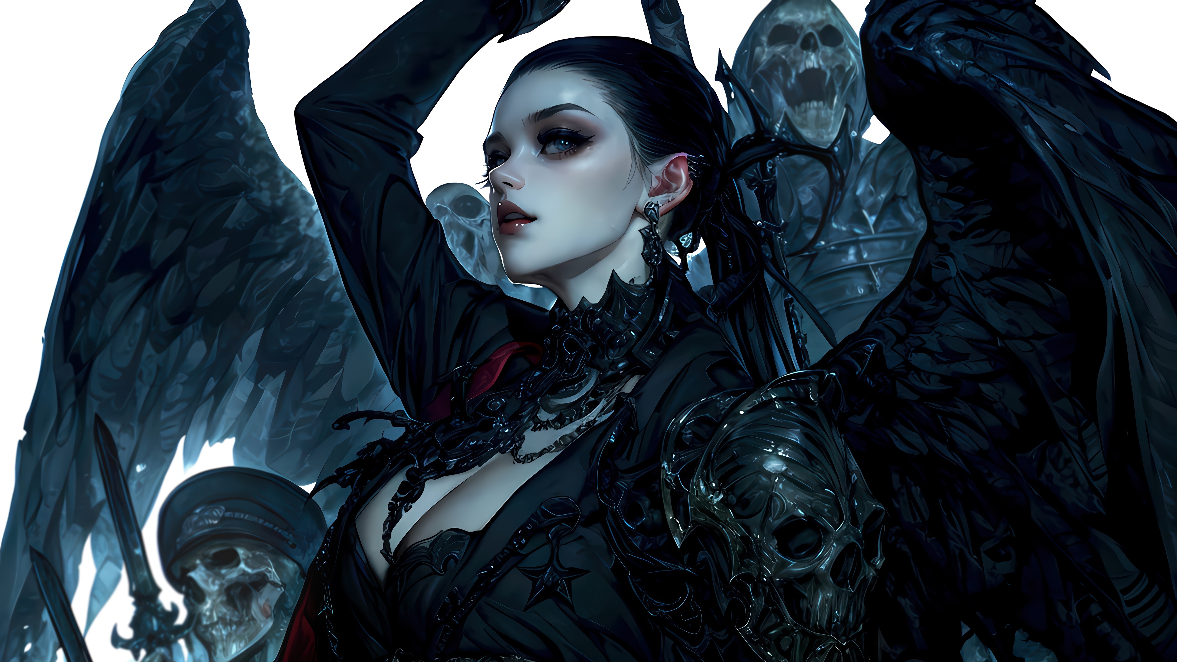 Anime Girl with Black Wings and Skeletons HD Wallpaper