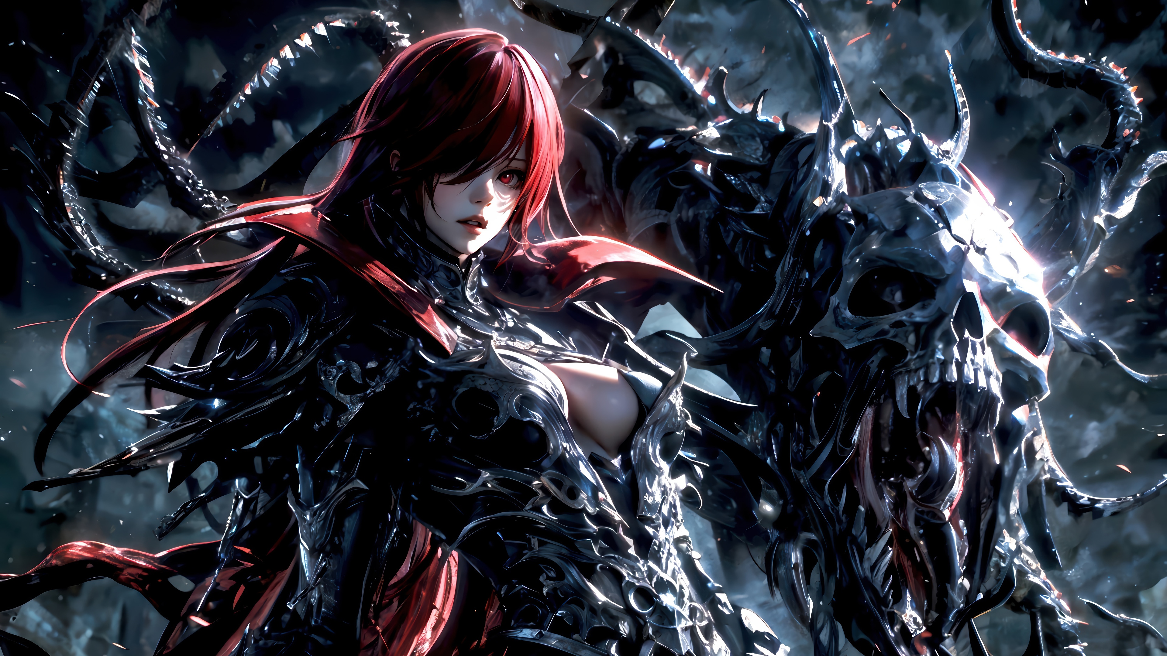 Anime Girl with Red Hair and Monster 4K HD Wallpaper
