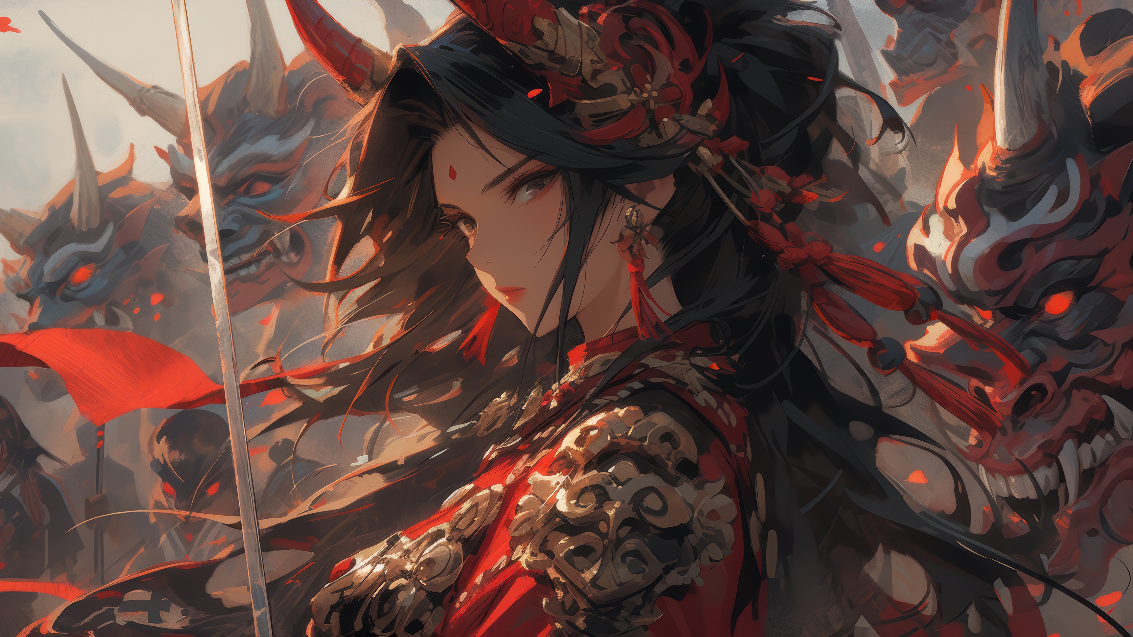 Anime Warrior Girl with Oni Masks 4K HD Wallpaper