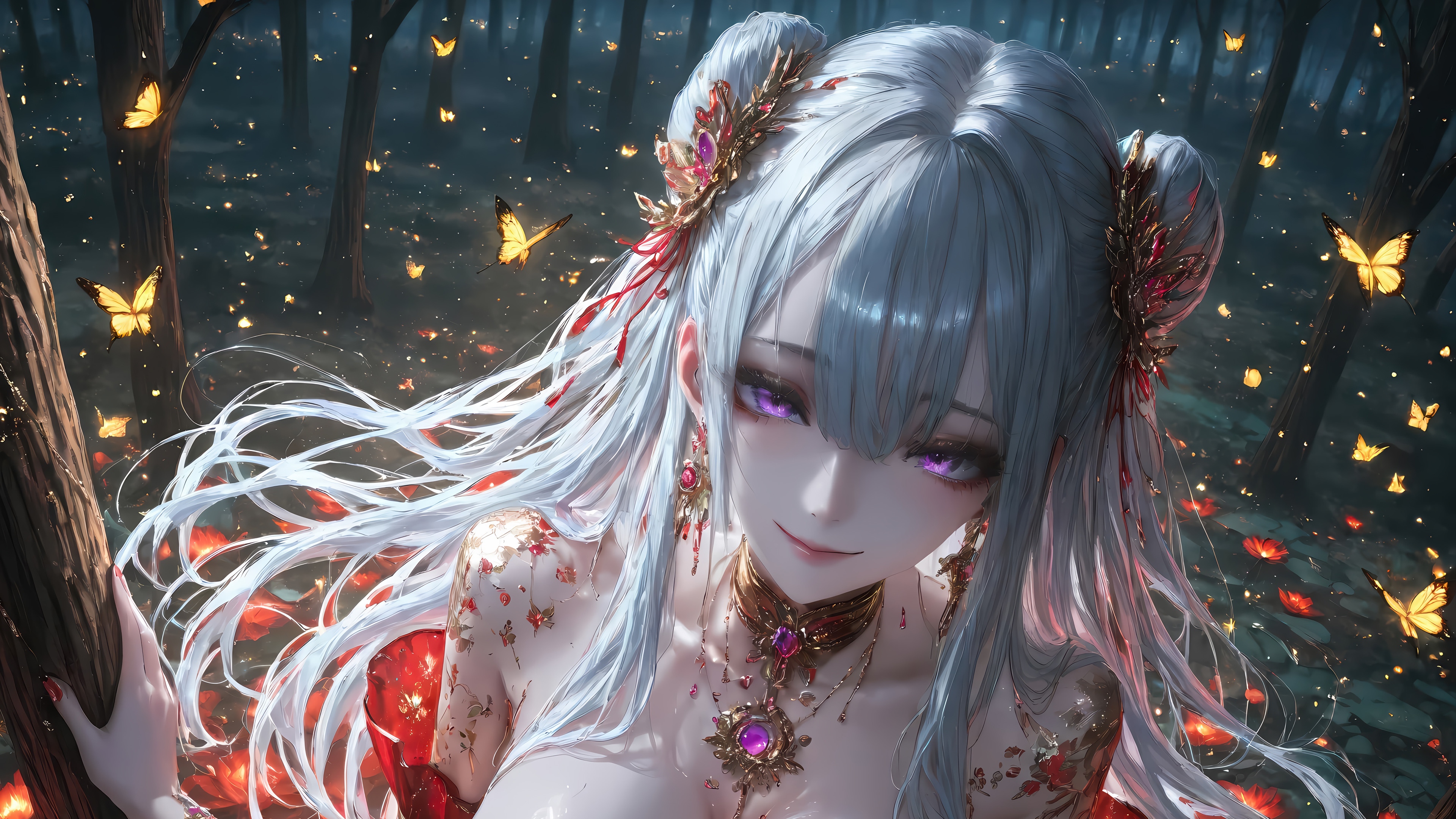 Anime Girl with White Hair and Butterflies in Forest 4K HD Wallpaper