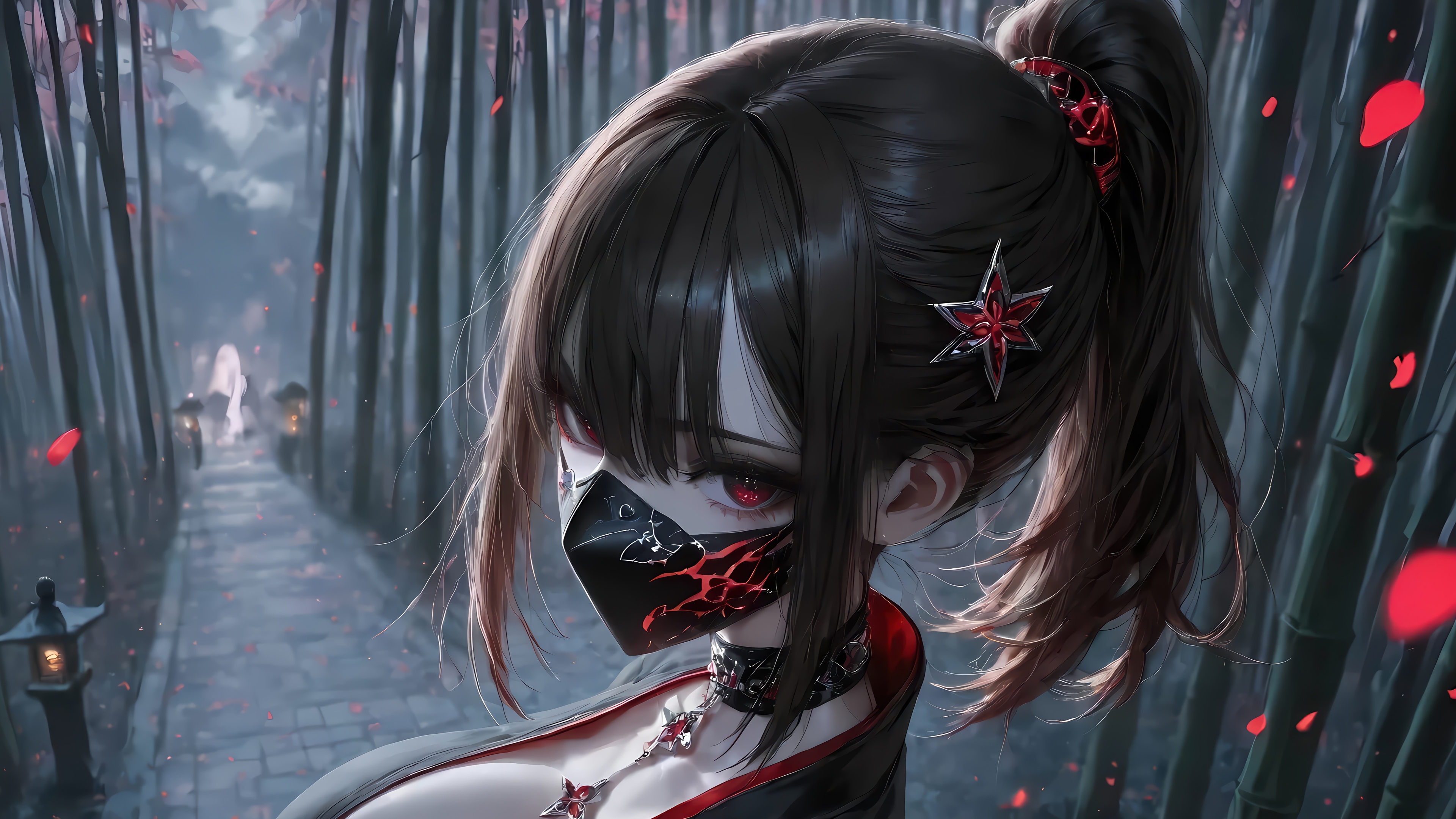 Anime Girl Ninja with Mask in Bamboo Forest 4K HD Wallpaper