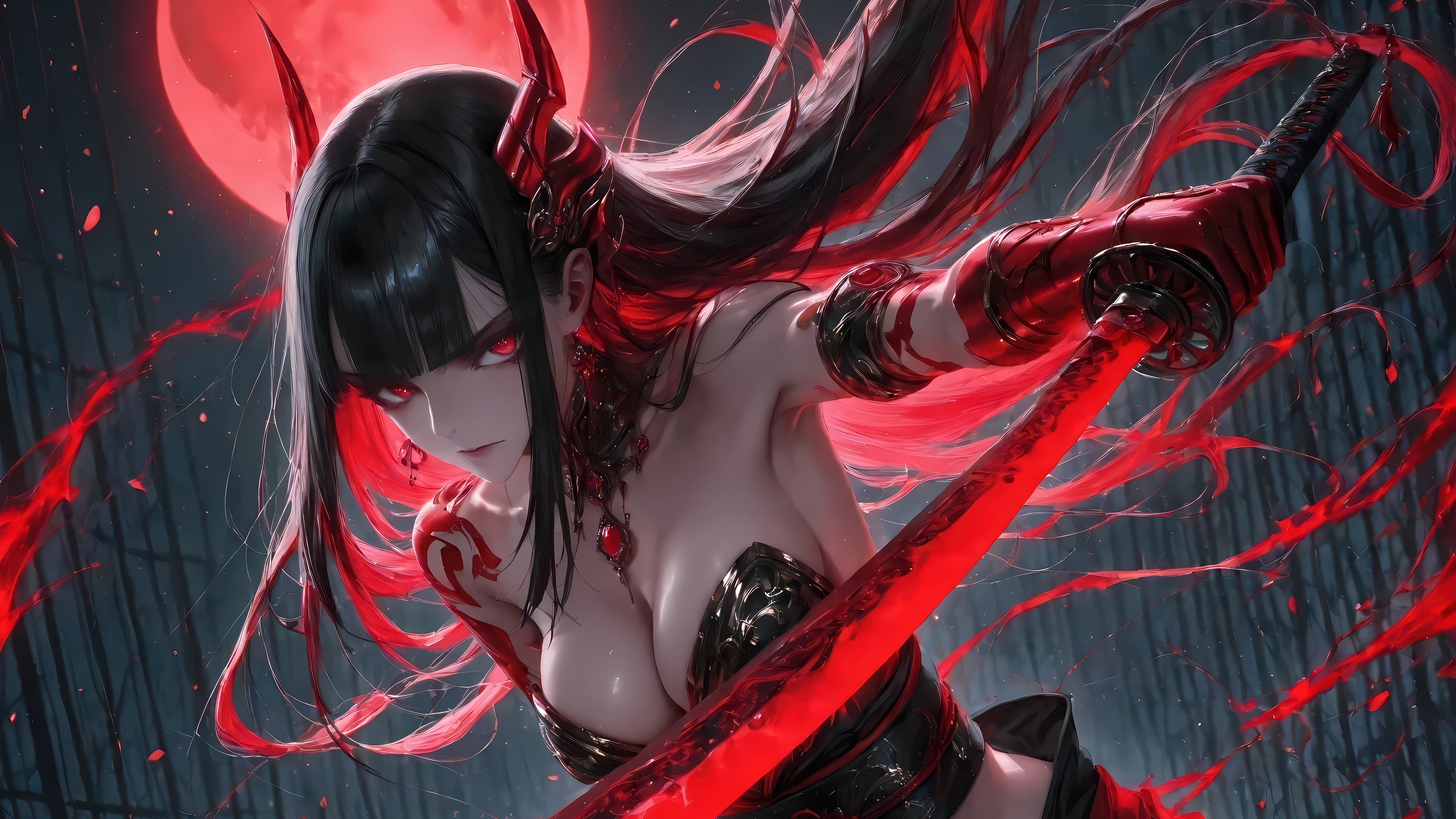 Anime Girl with Horns and Katana HD Wallpaper