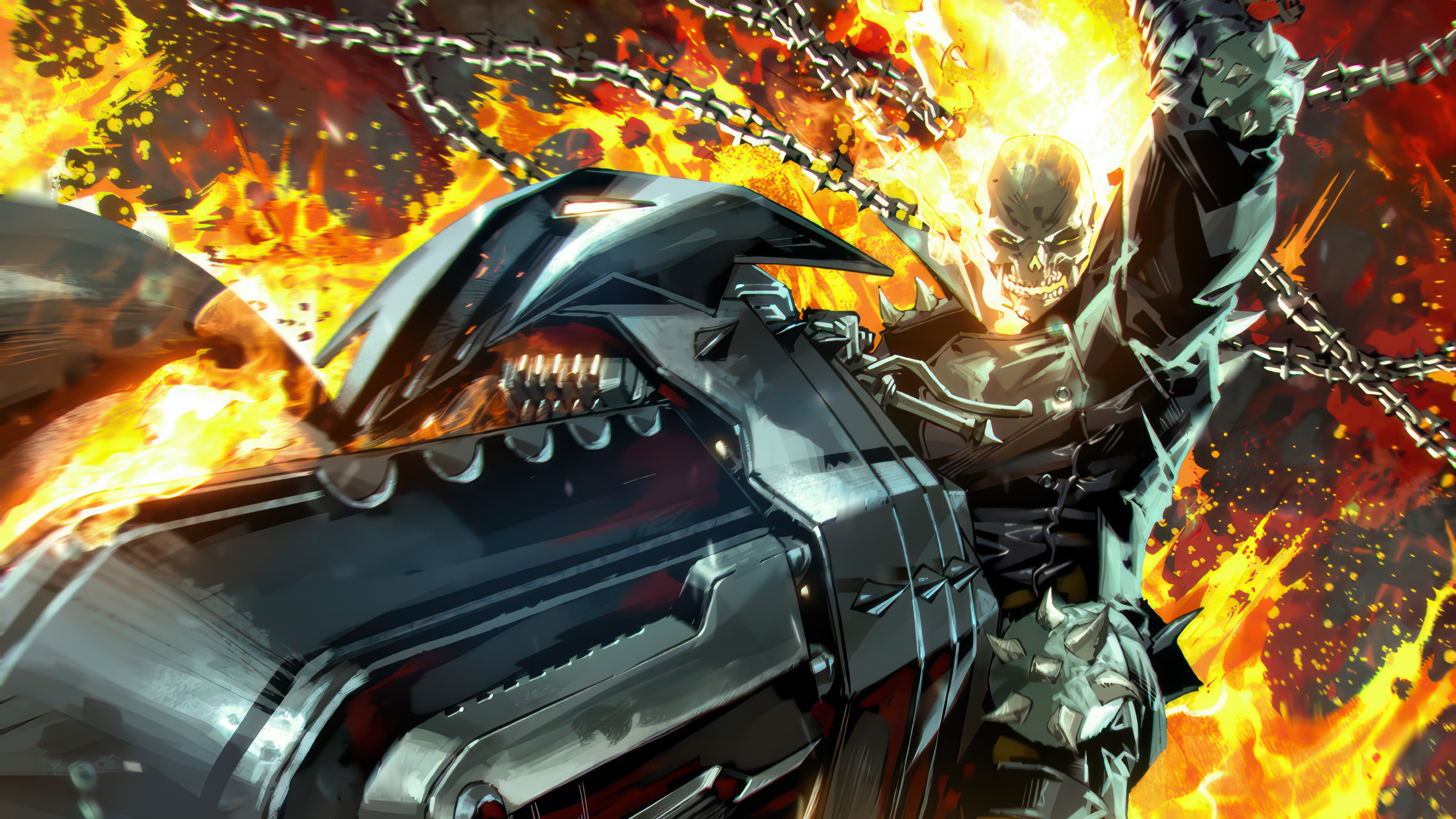 Ghost Rider on a flaming motorcycle with chains HD Wallpaper