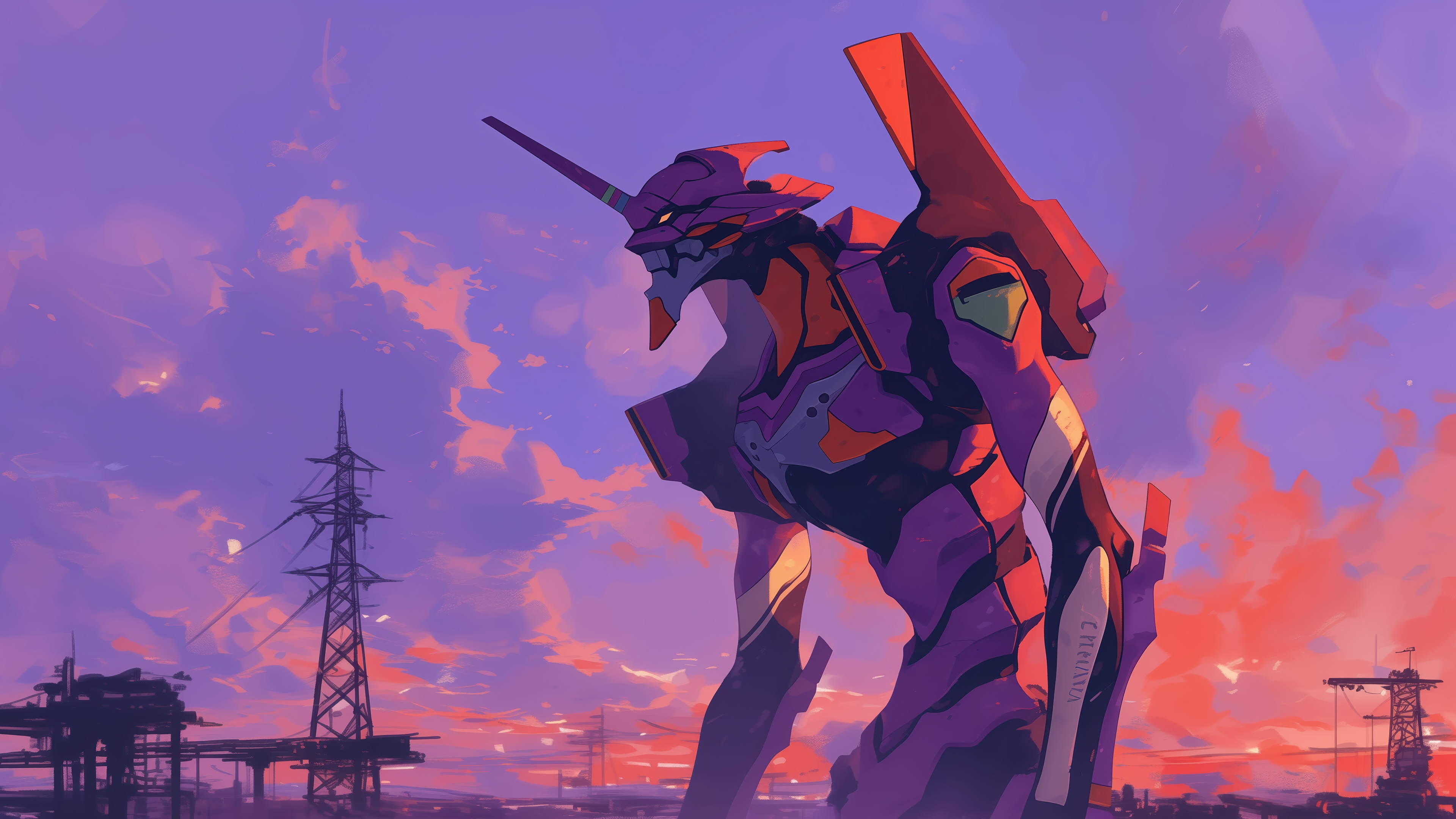 Evangelion Unit-01 against a sunset sky HD Wallpaper