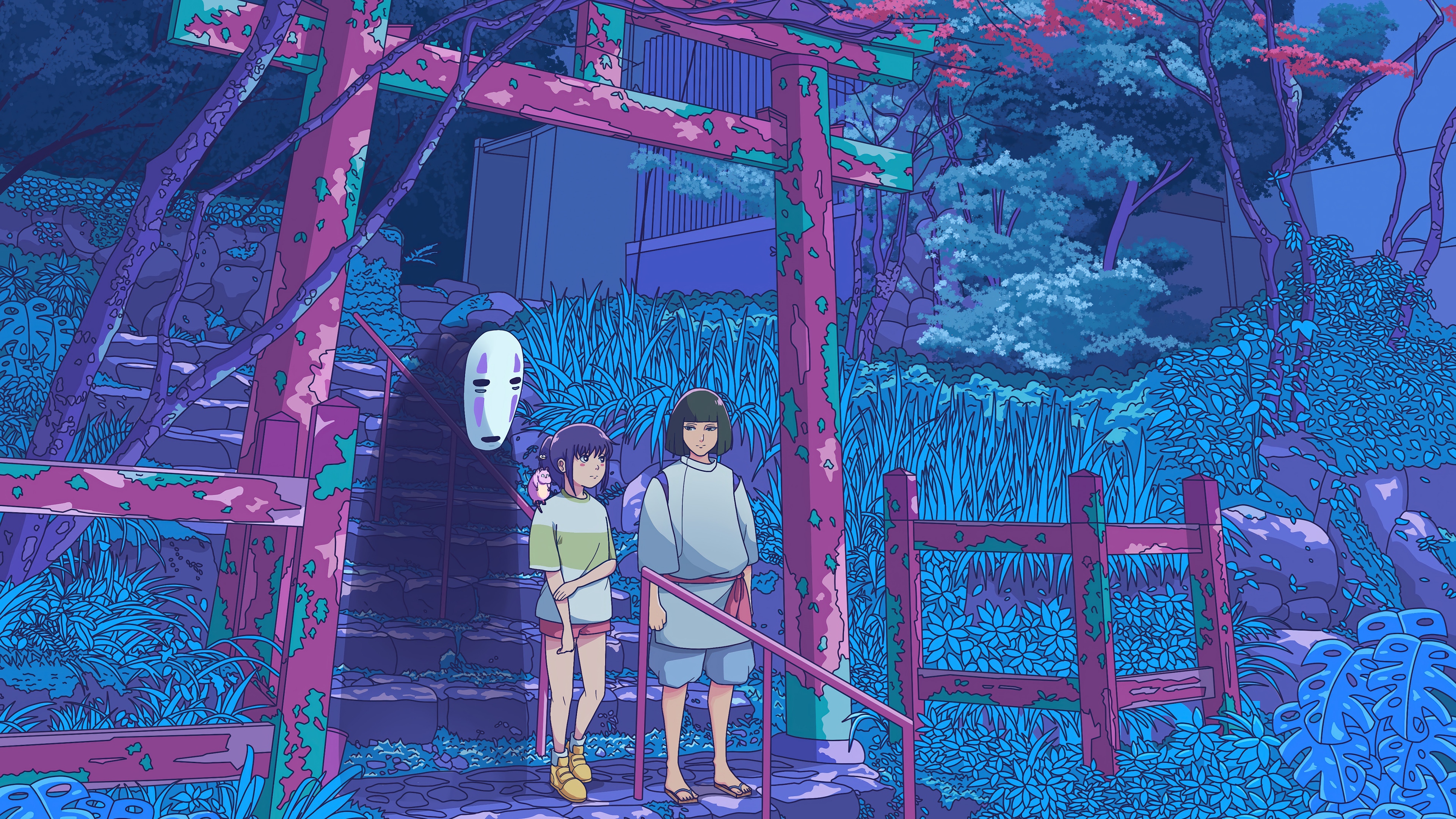 Spirited Away: No-Face and Chihiro by a Torii Gate HD Wallpaper