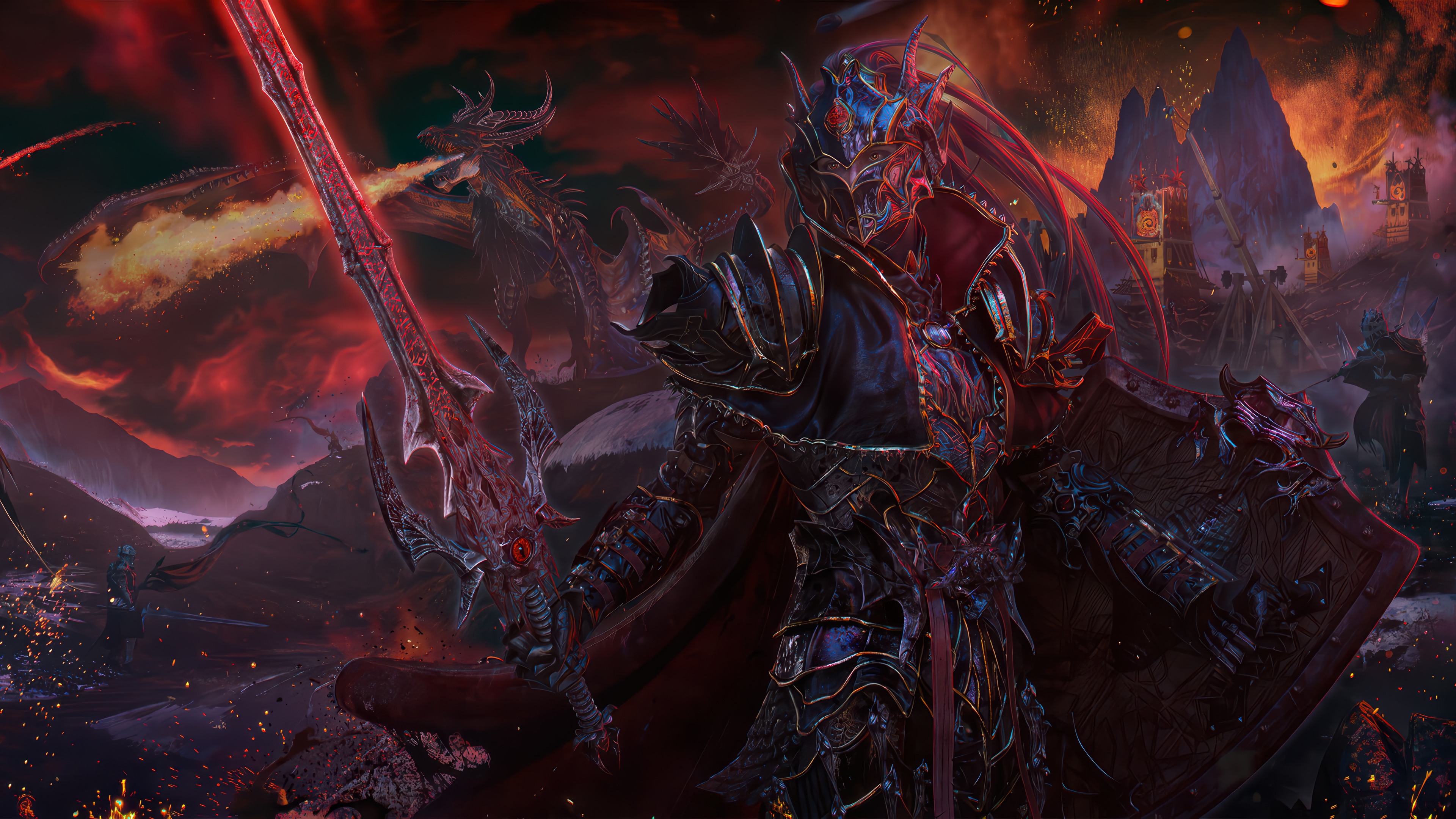 Knight with flaming sword and dragons in fantasy landscape 4K HD Wallpaper