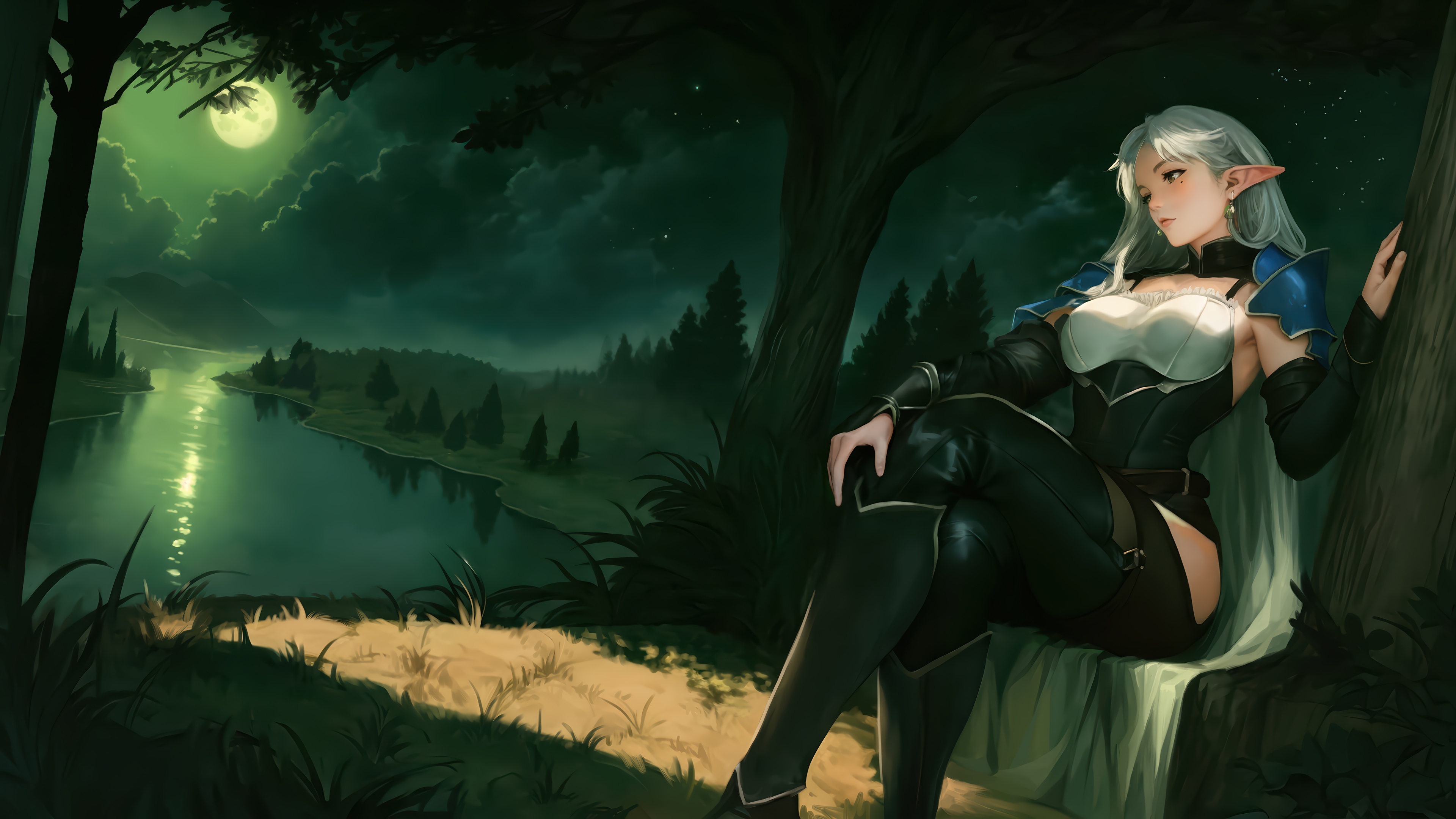 Elf Girl by the River Under the Moon 4K HD Wallpaper