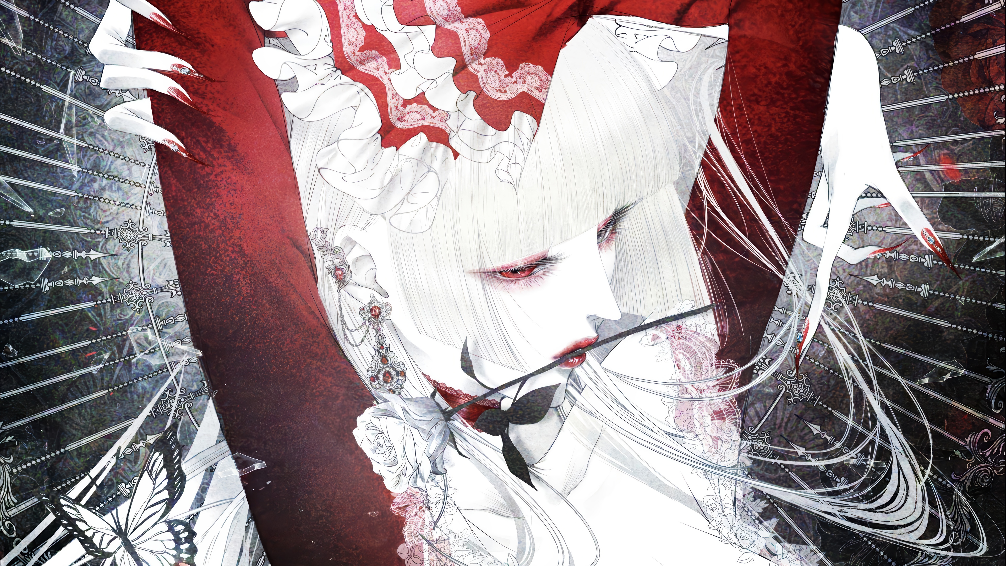 Anime Girl with Red Eyes and White Hair 4K HD Wallpaper