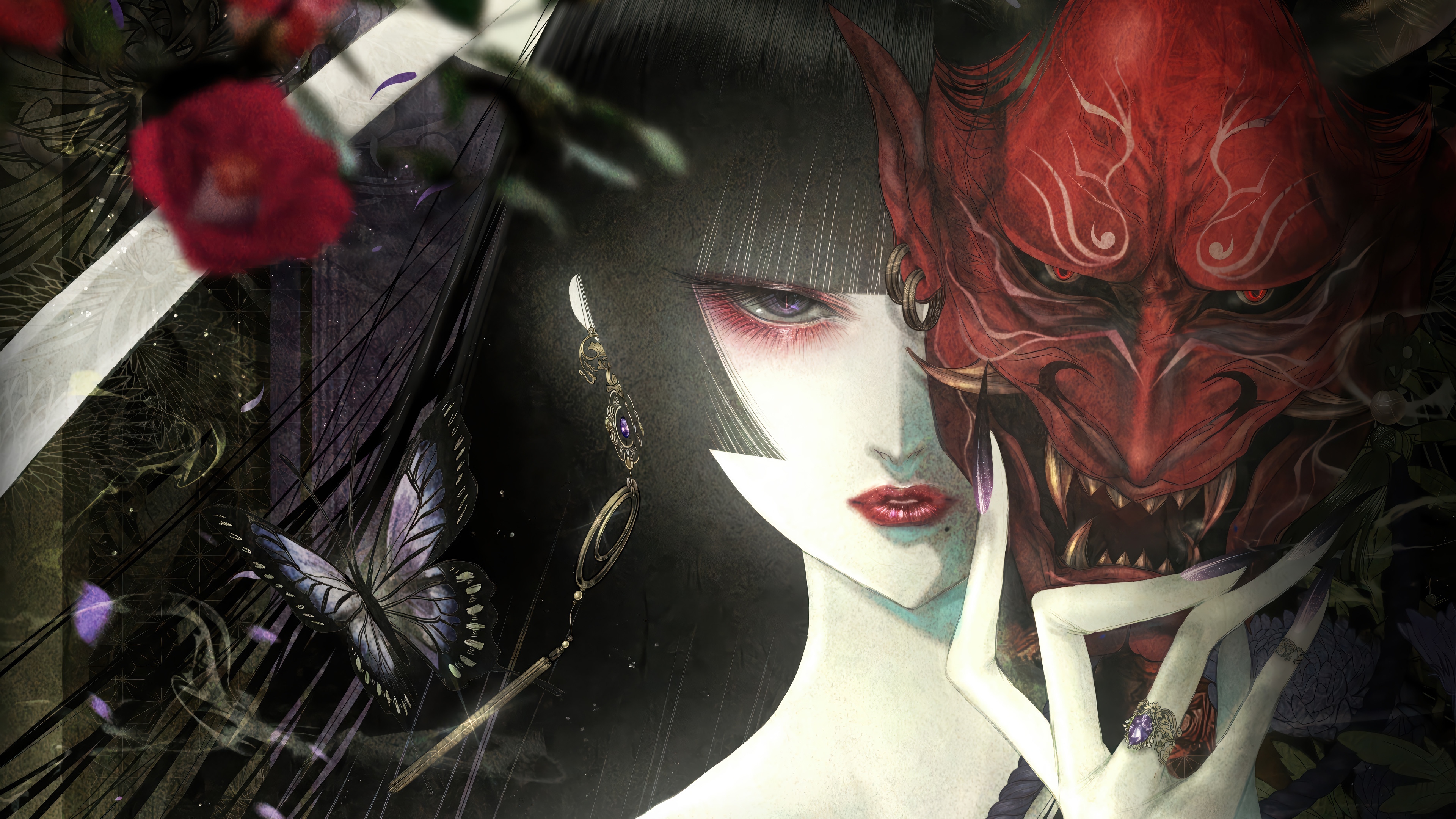 Anime Girl with Oni Mask 4K HD Wallpaper