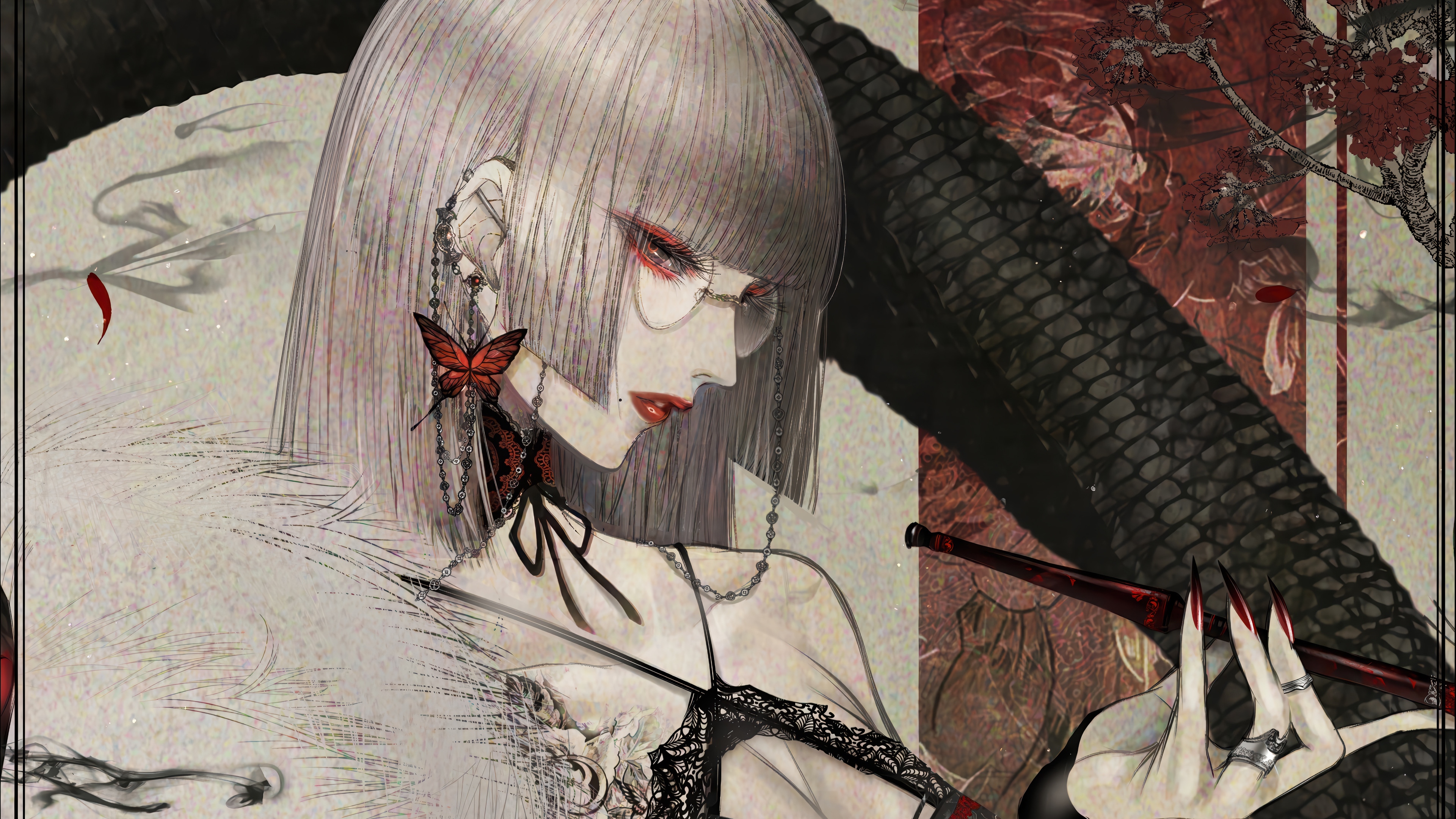 Anime Girl with Butterfly Earrings and Smoking Pipe 4K HD Wallpaper