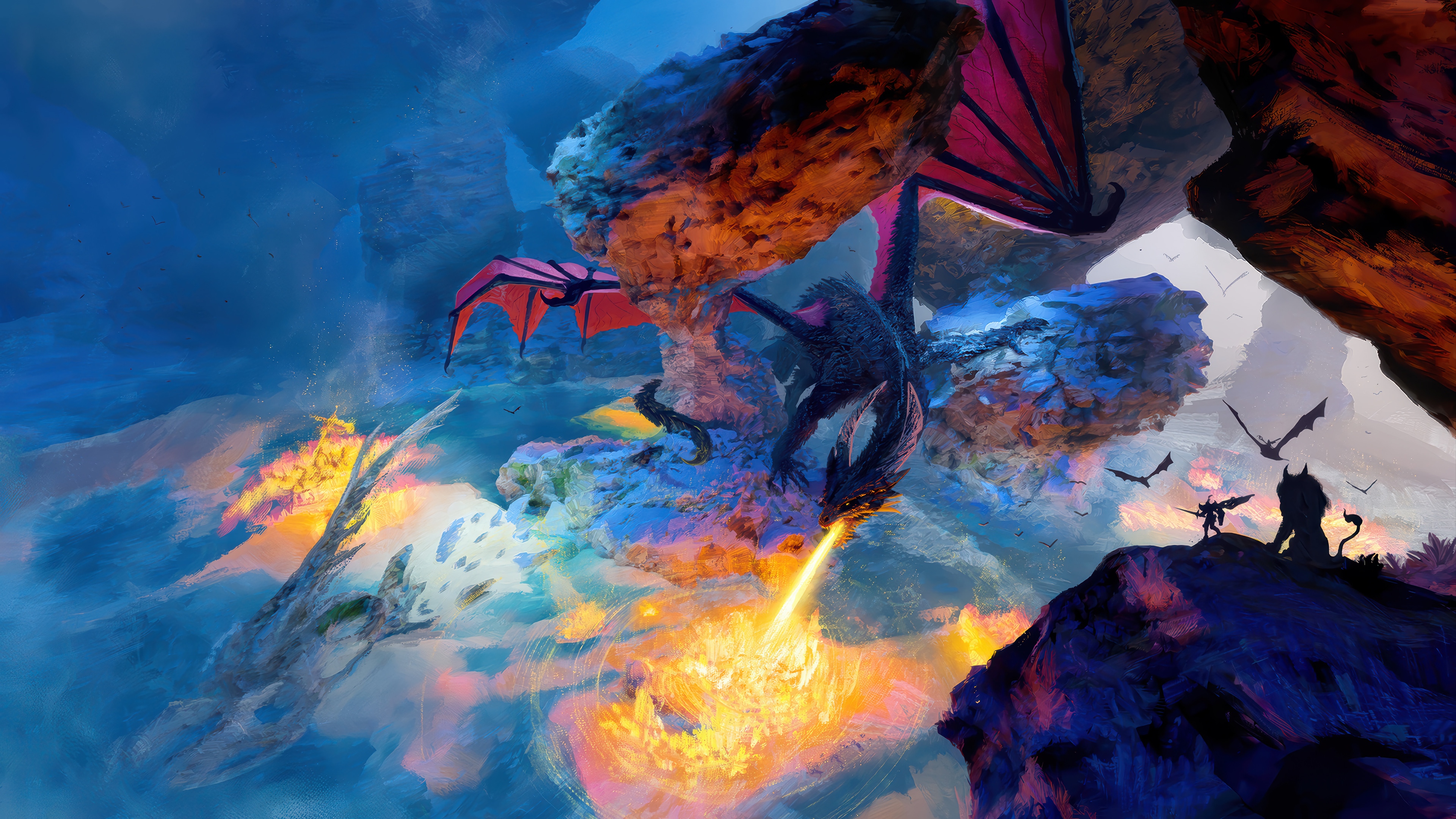 Dragon breathing fire in a fantasy cave 4K HD Wallpaper