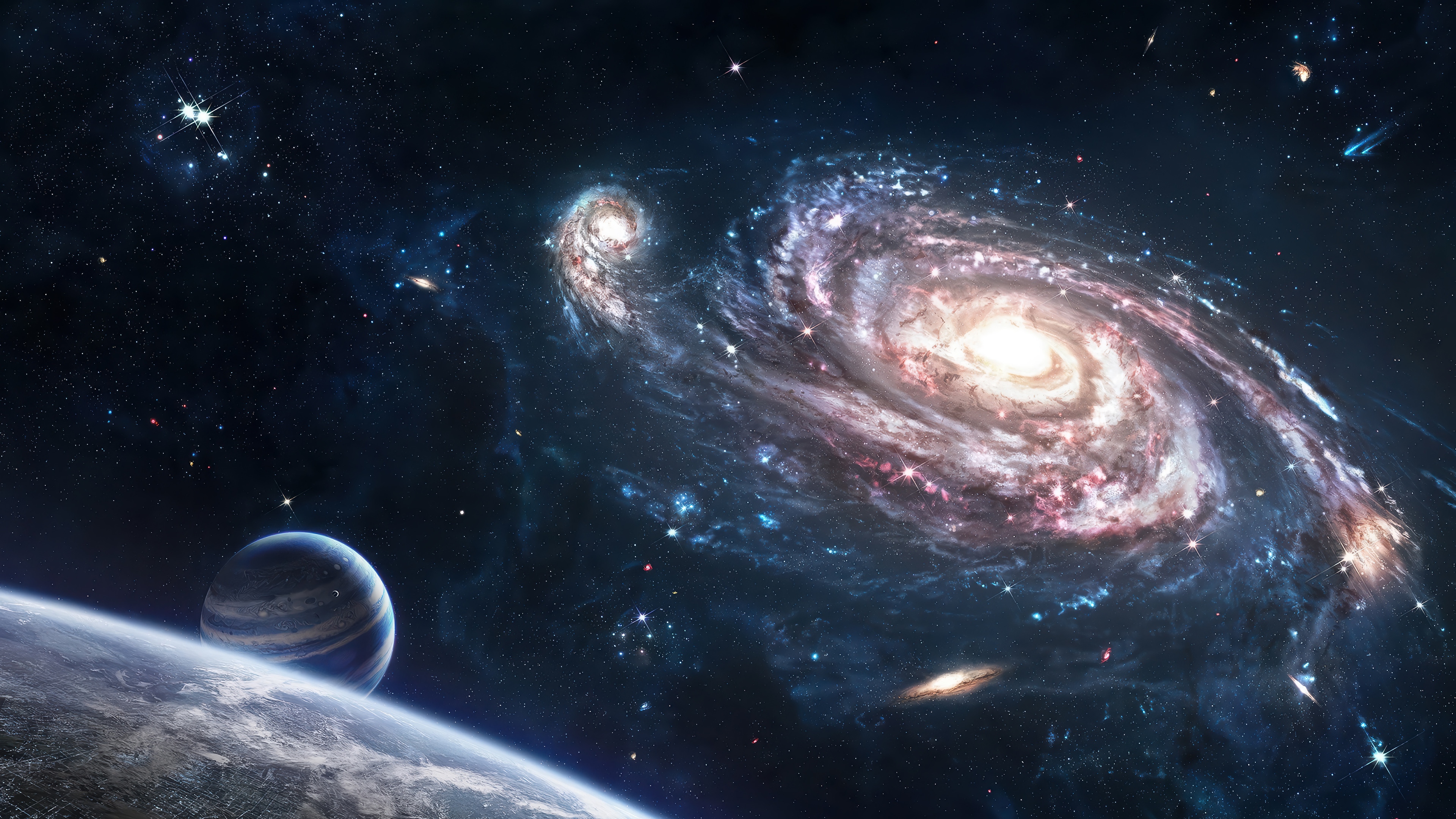 Spiral Galaxy and Planets in Space 4K HD Wallpaper