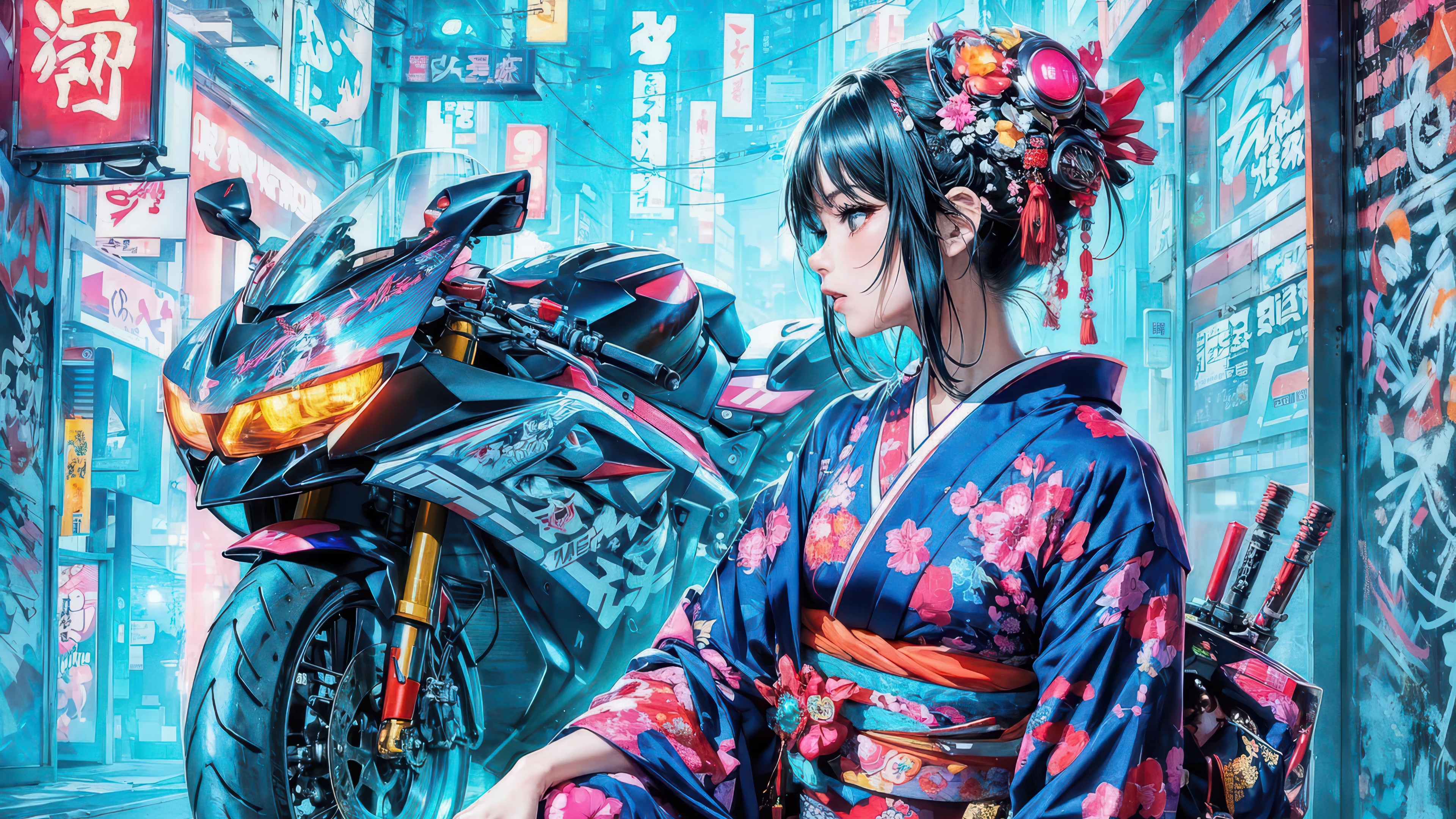 Anime Girl in Kimono with Motorcycle in Neon City HD Wallpaper