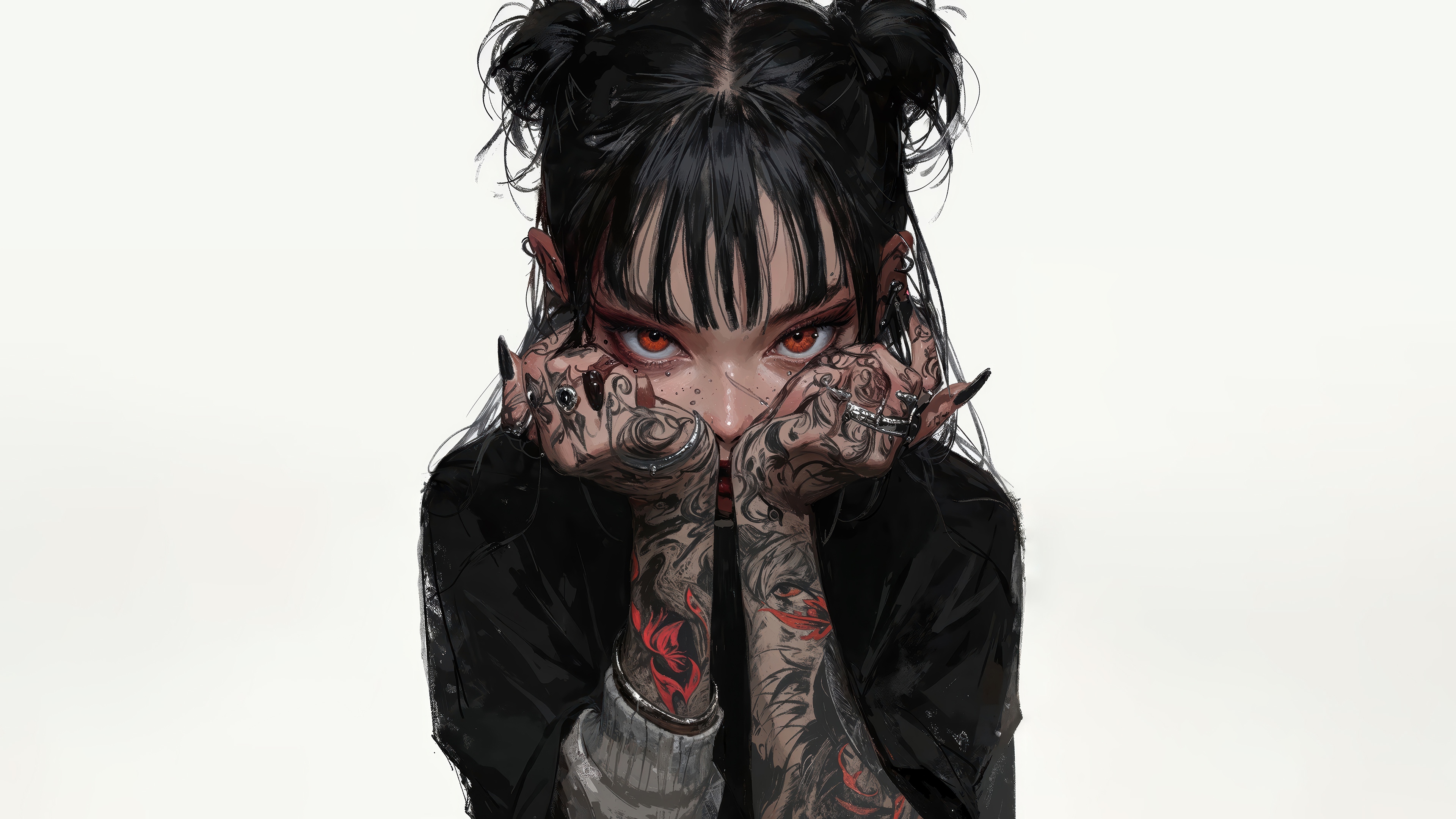 Anime girl with tattoos and red eyes HD Wallpaper
