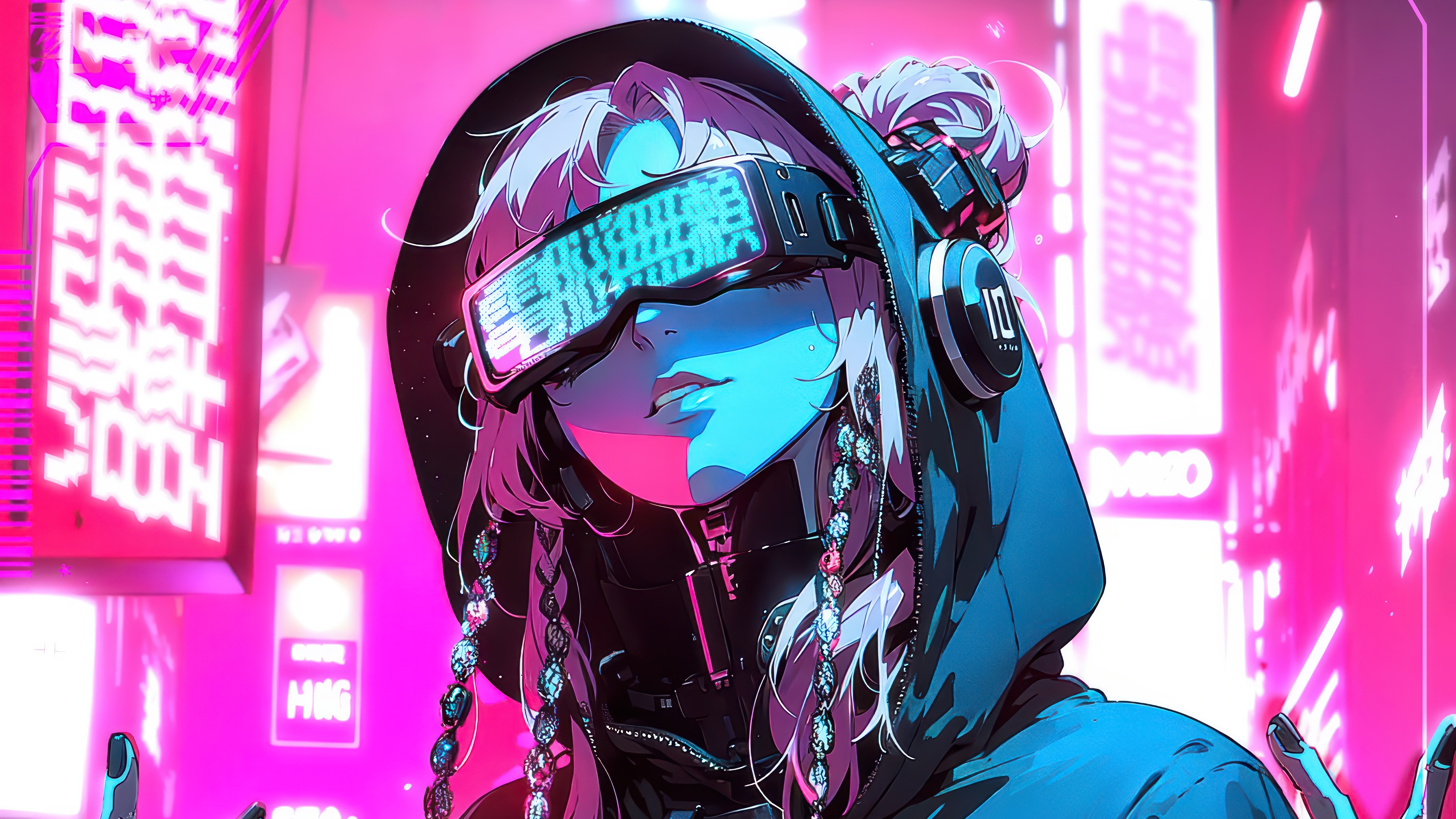 Anime Girl with VR Headset in Cyberpunk City 4K HD Wallpaper