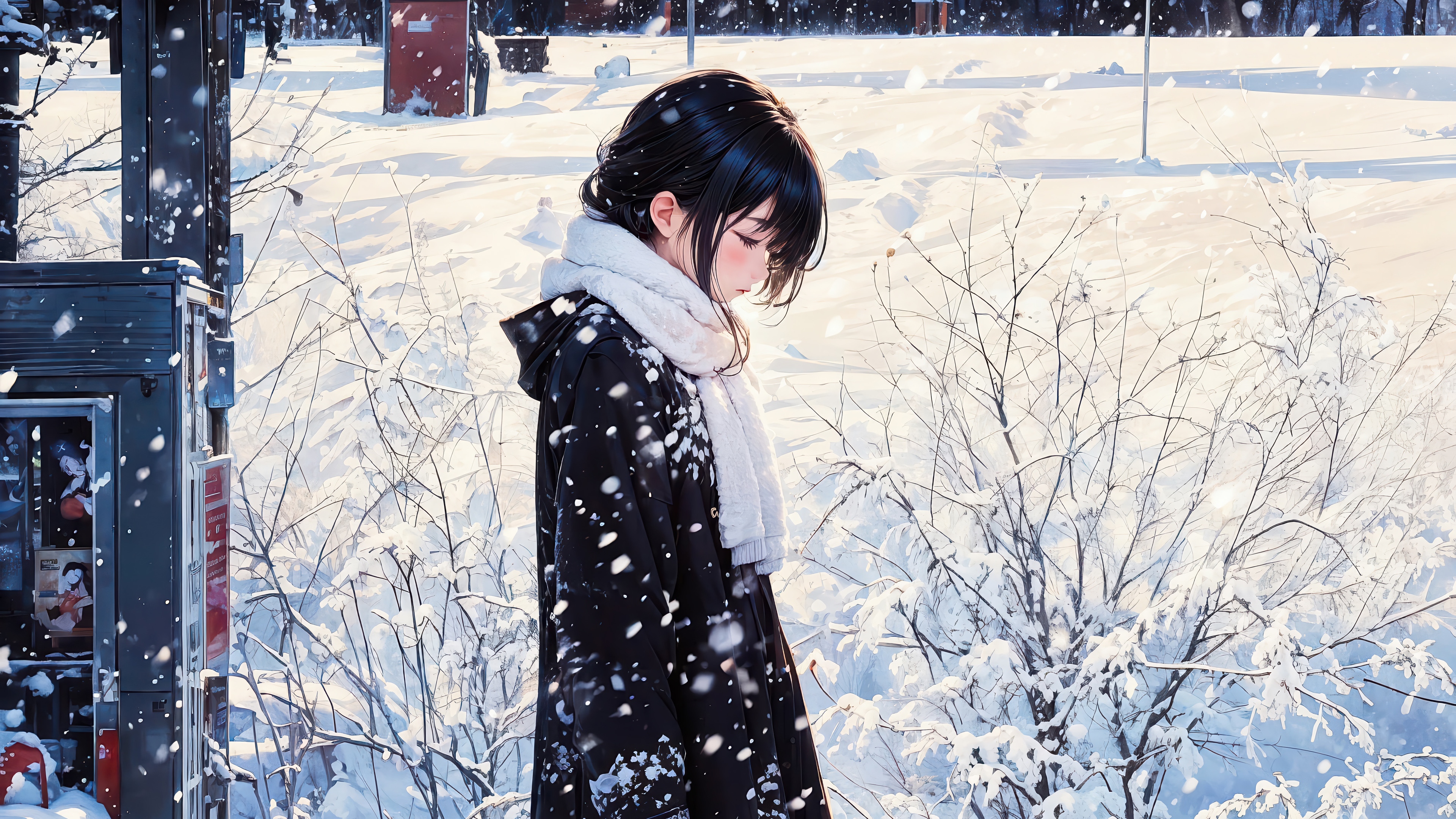 Anime Girl Standing in Snowing Weather 4K HD Wallpaper