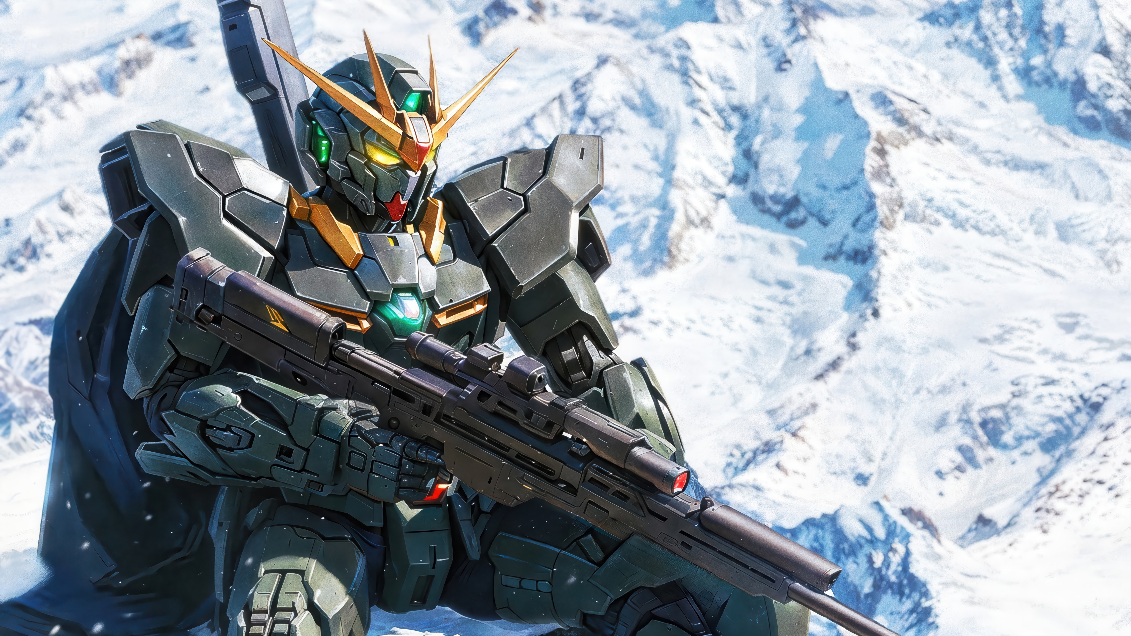 Gundam with Rifle in Snowy Mountains 4K HD Wallpaper