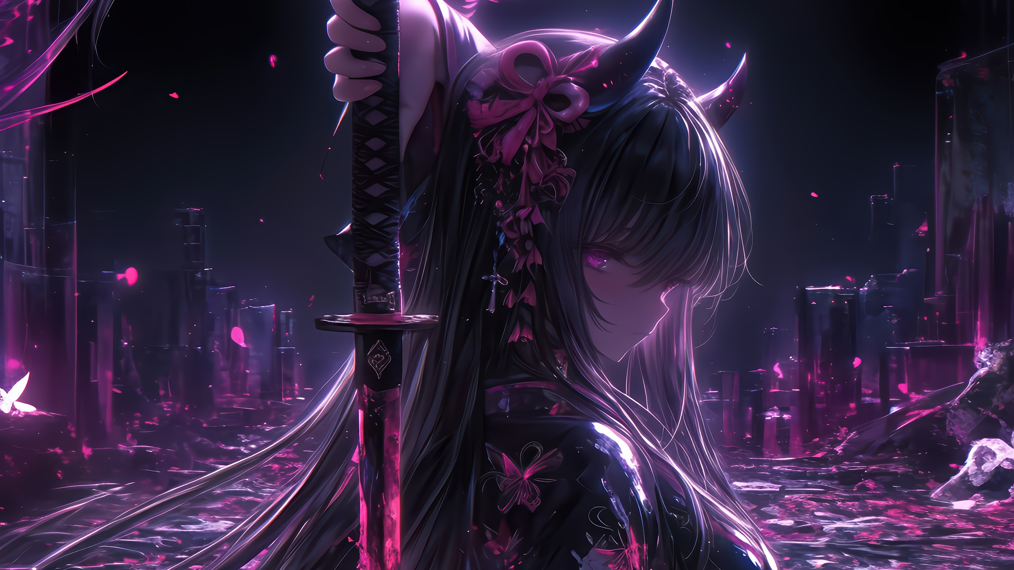 Anime Girl with Katana and Horns in Kimono 4K HD Wallpaper