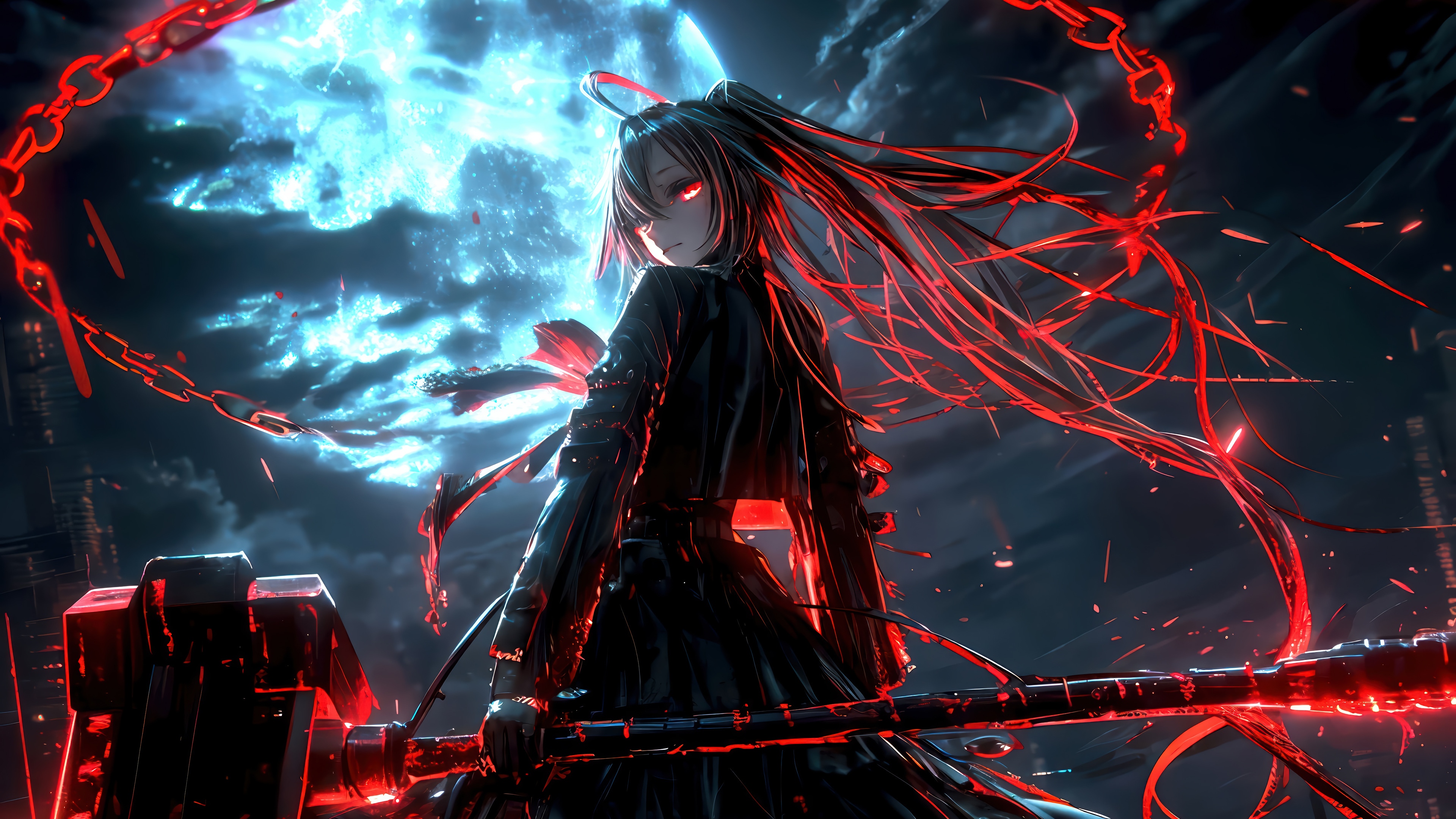 Anime Girl with Red Eyes and Chains 4K HD Wallpaper