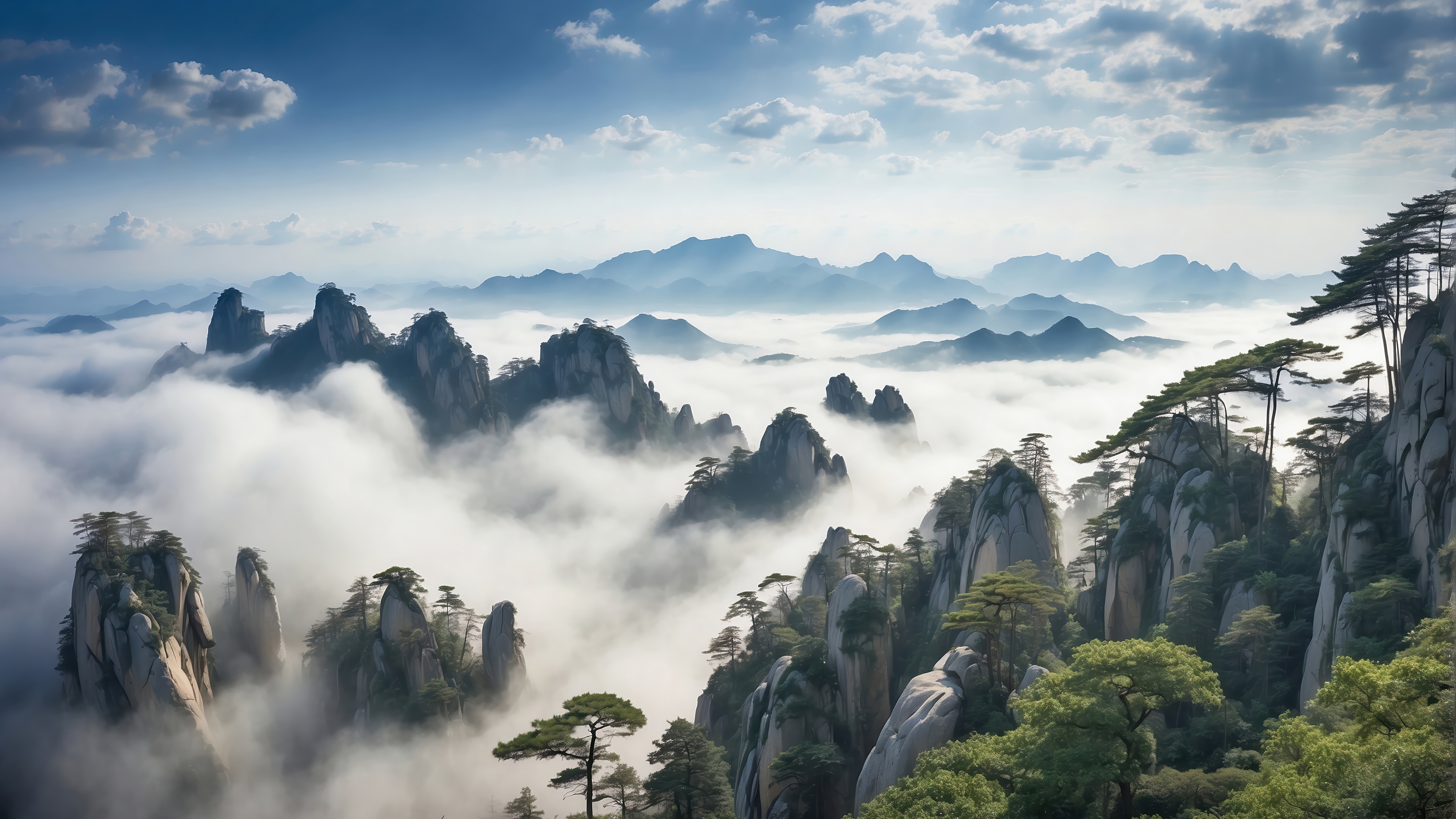 Mountains covered in clouds with pine trees HD Wallpaper
