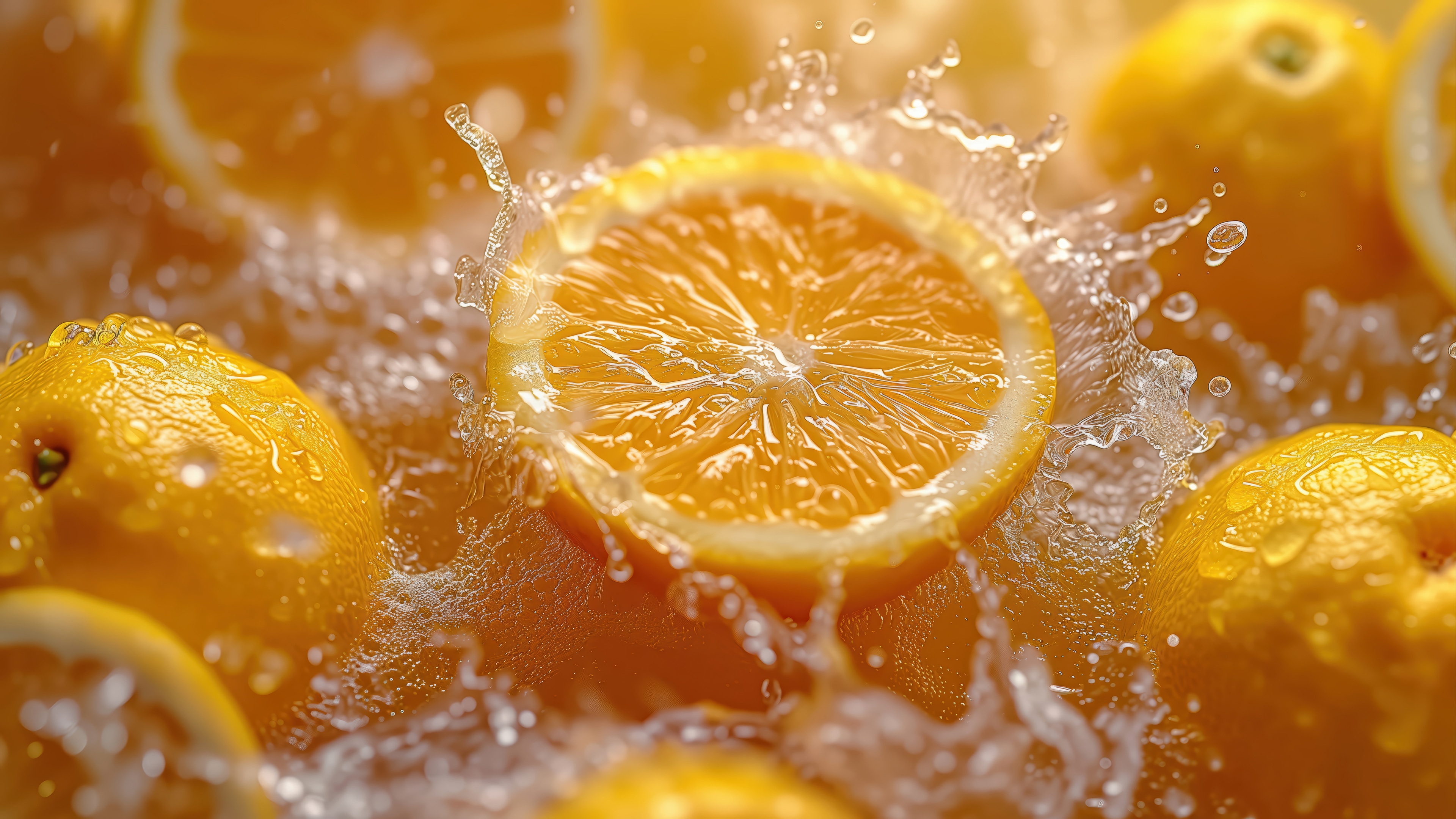 Close-up of Oranges Splashing in Water 4K HD Wallpaper