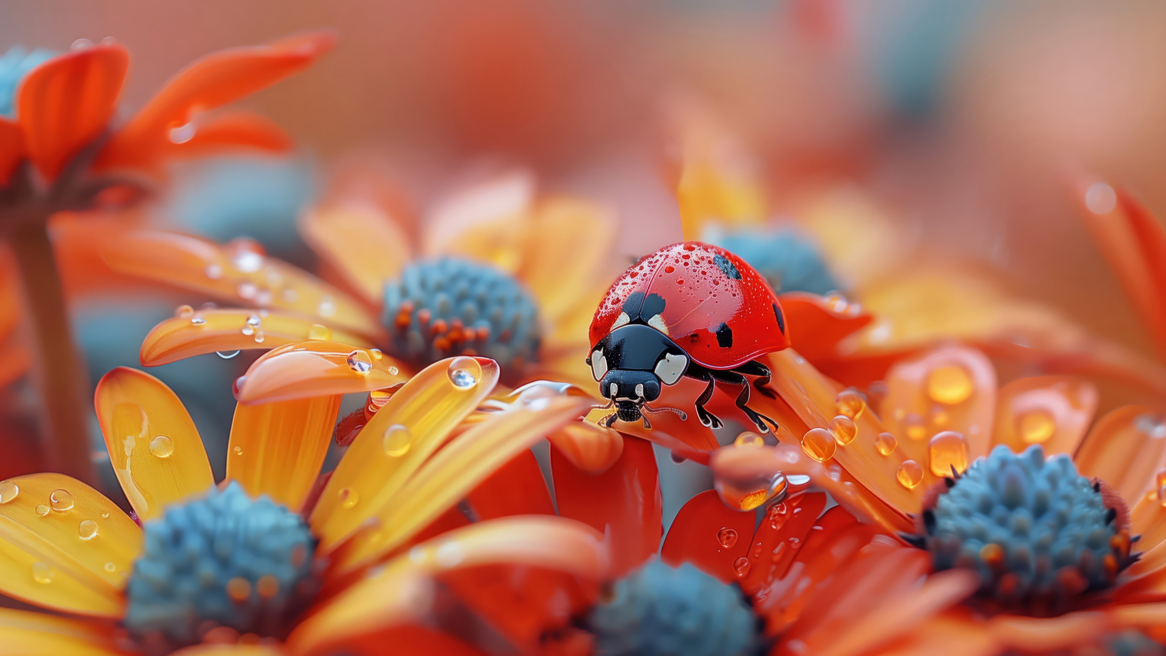 Ladybug on orange flowers with water droplets 4K HD Wallpaper