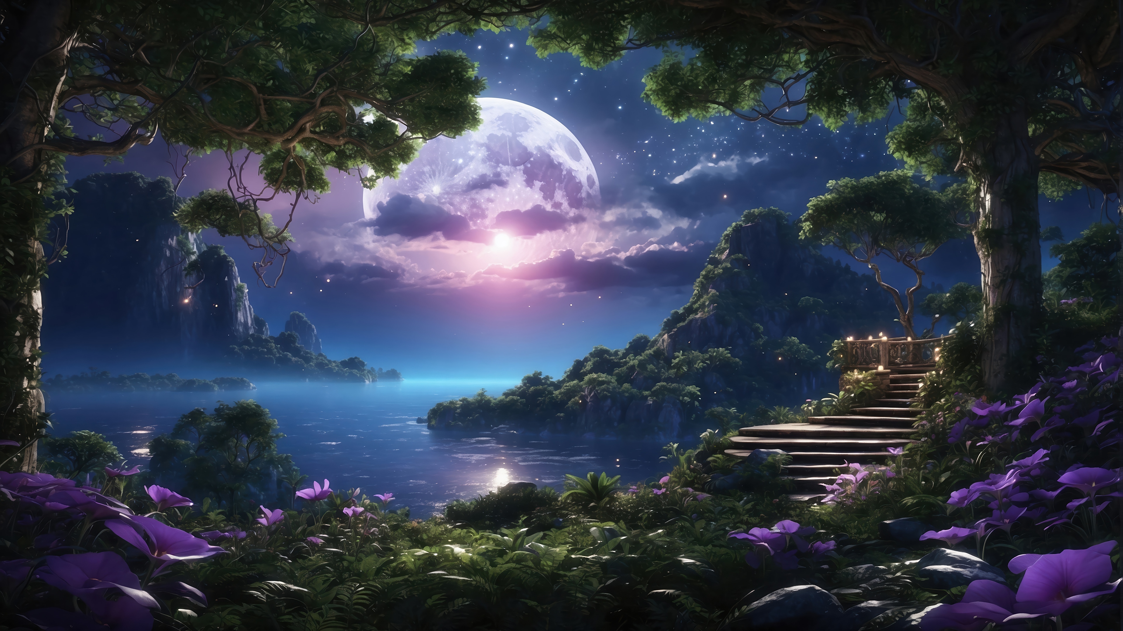 Fantasy Forest Scenery at Night with Moon 4K HD Wallpaper