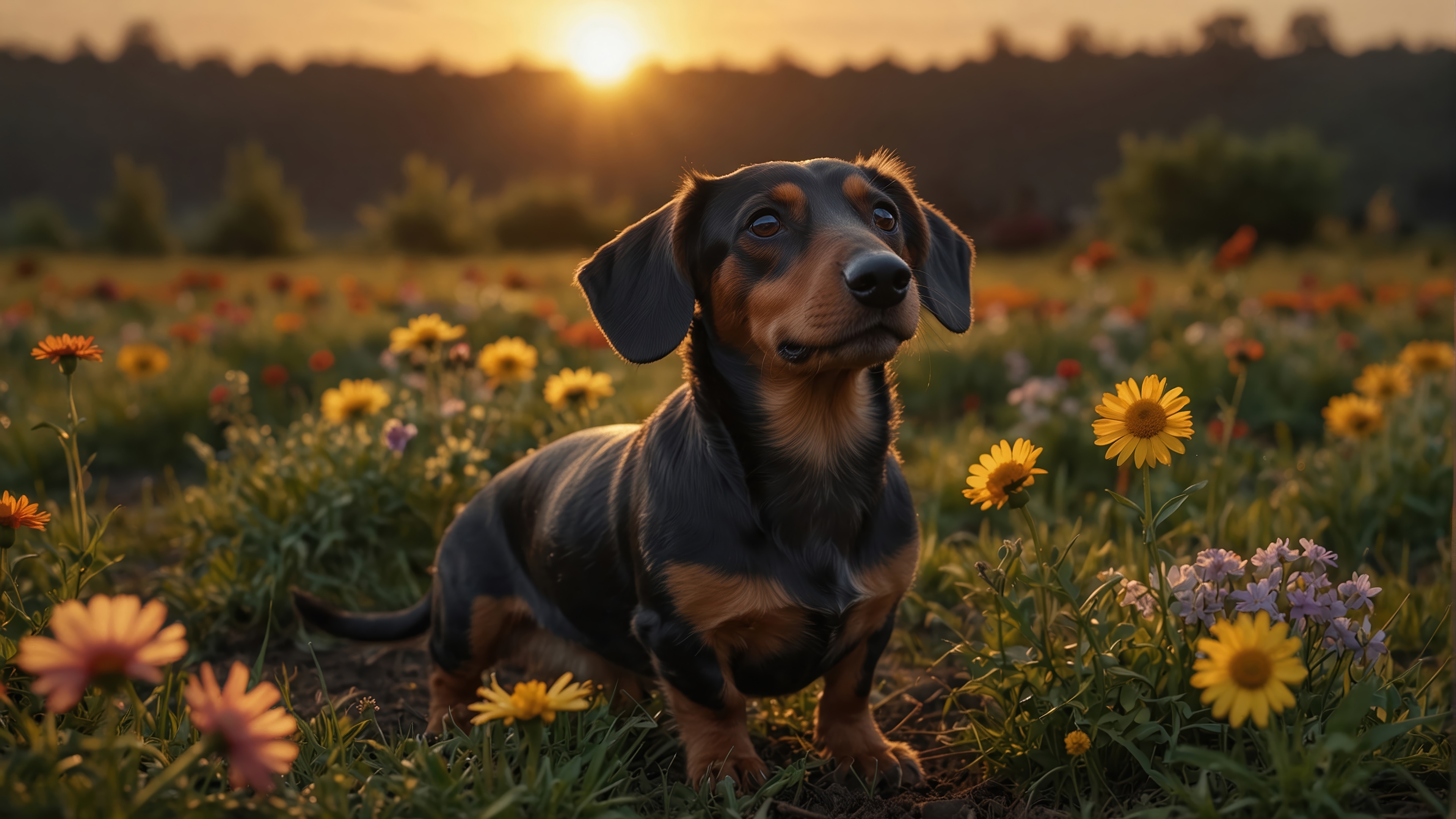 Dachshund in a field of flowers at sunset 4K HD Wallpaper