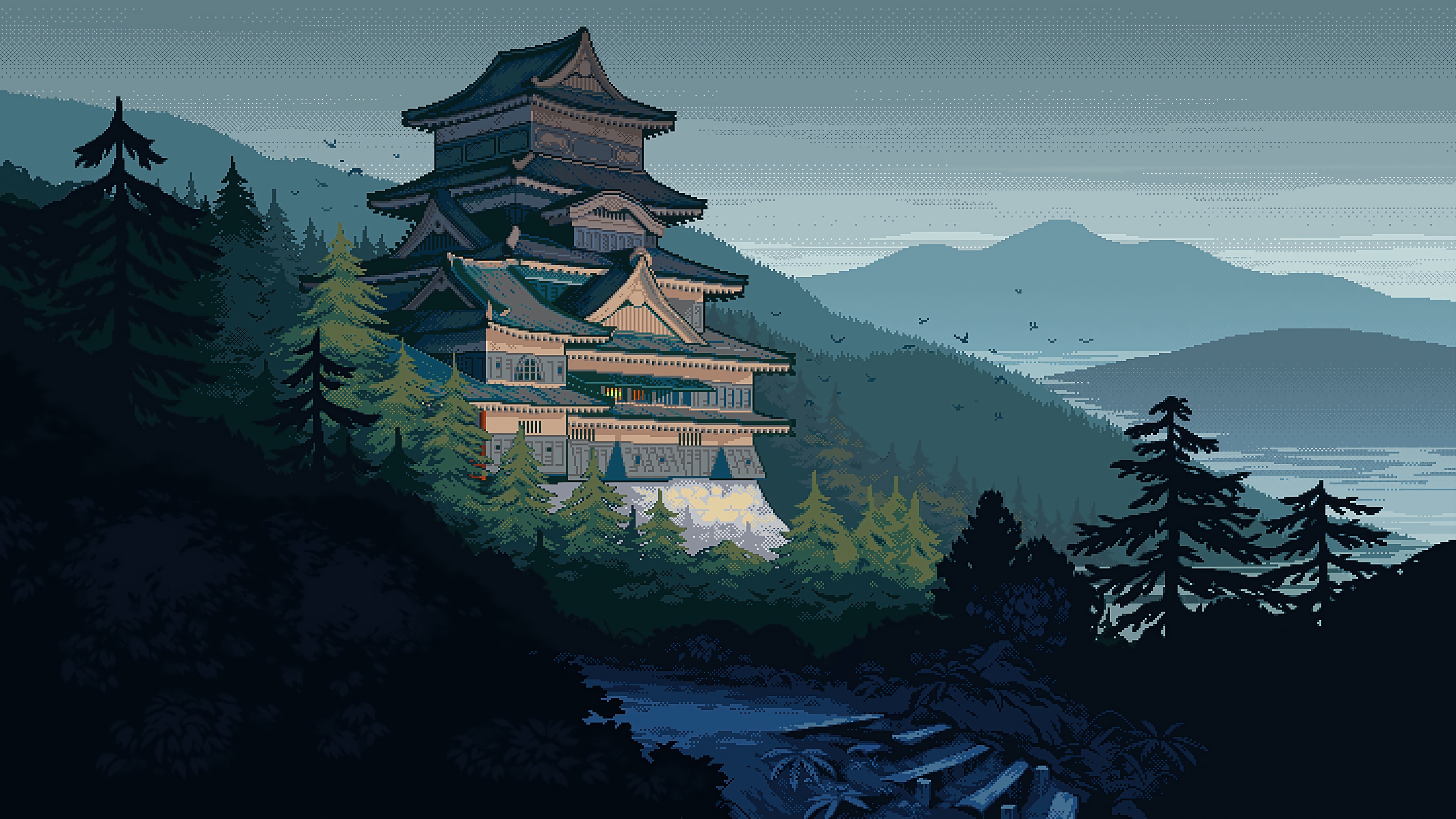 Pixel Art Japanese Castle in a Forest HD Wallpaper