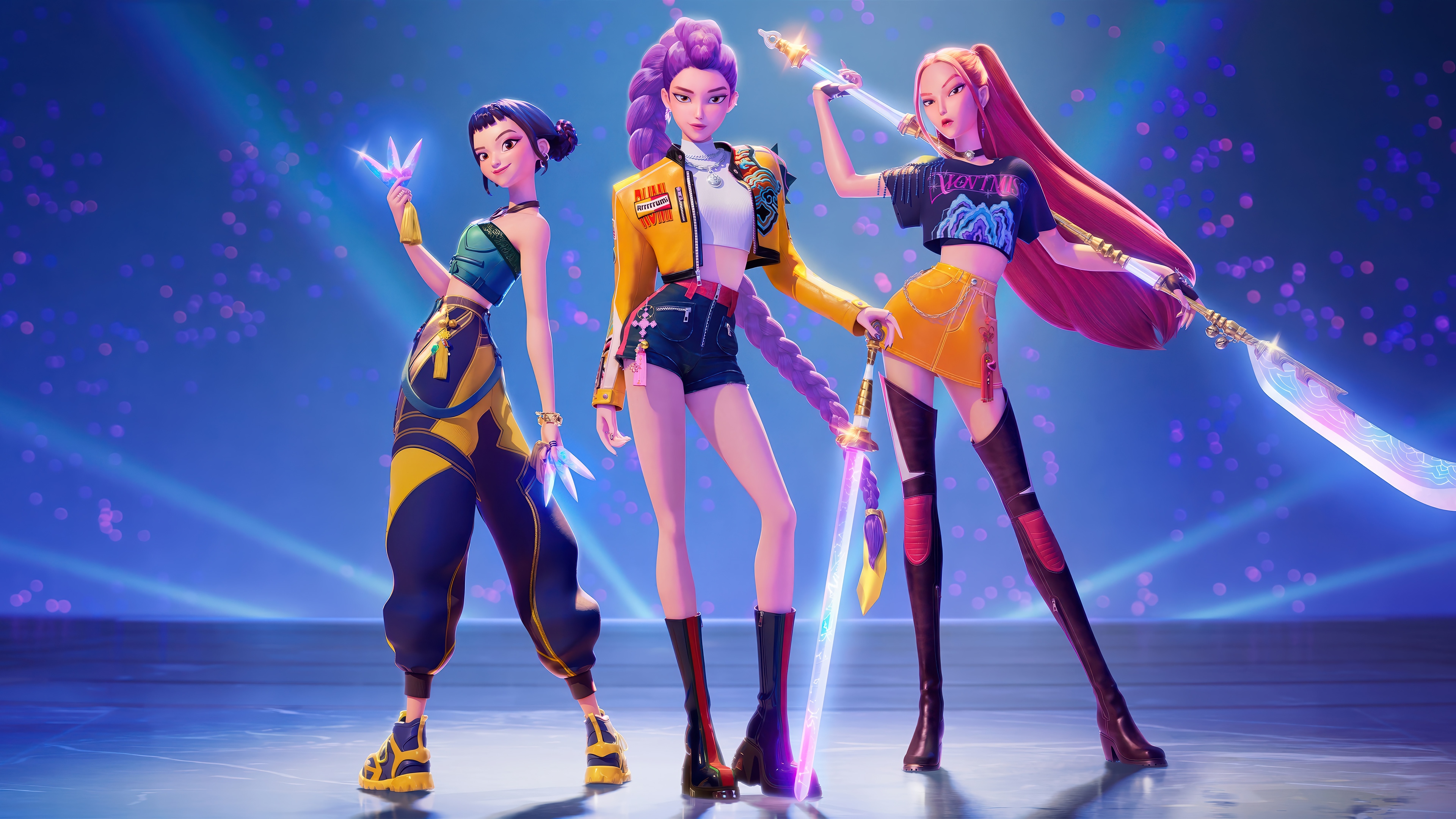 K-Pop Demon Hunters Rumi, Zoey, and Mira 4K HD Wallpaper